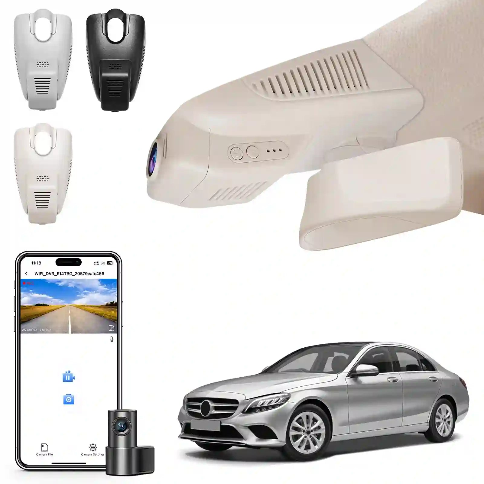 Front 4K and Rear 1080p Dash Cam for Mercedes-Benz C-Class Gen4 W/S/C/A 205 2015-2021(Model A Beige), C200 C250 C300 etc, OEM Look, WiFi & APP, Loop Recording, G-Sensor, GPS, 128GB Card