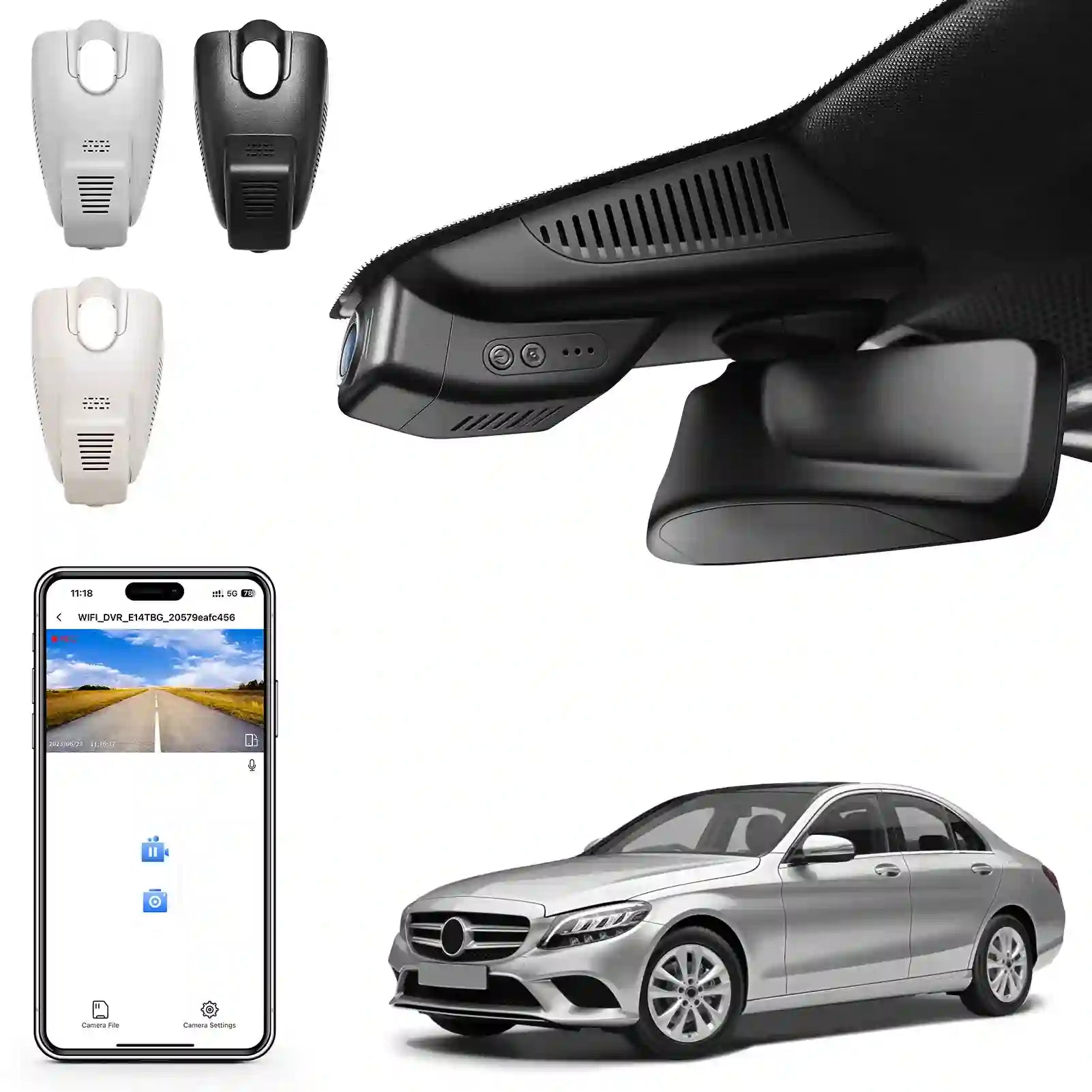 Car dashboard camera, remote controls, smartphone app, and car on a white background