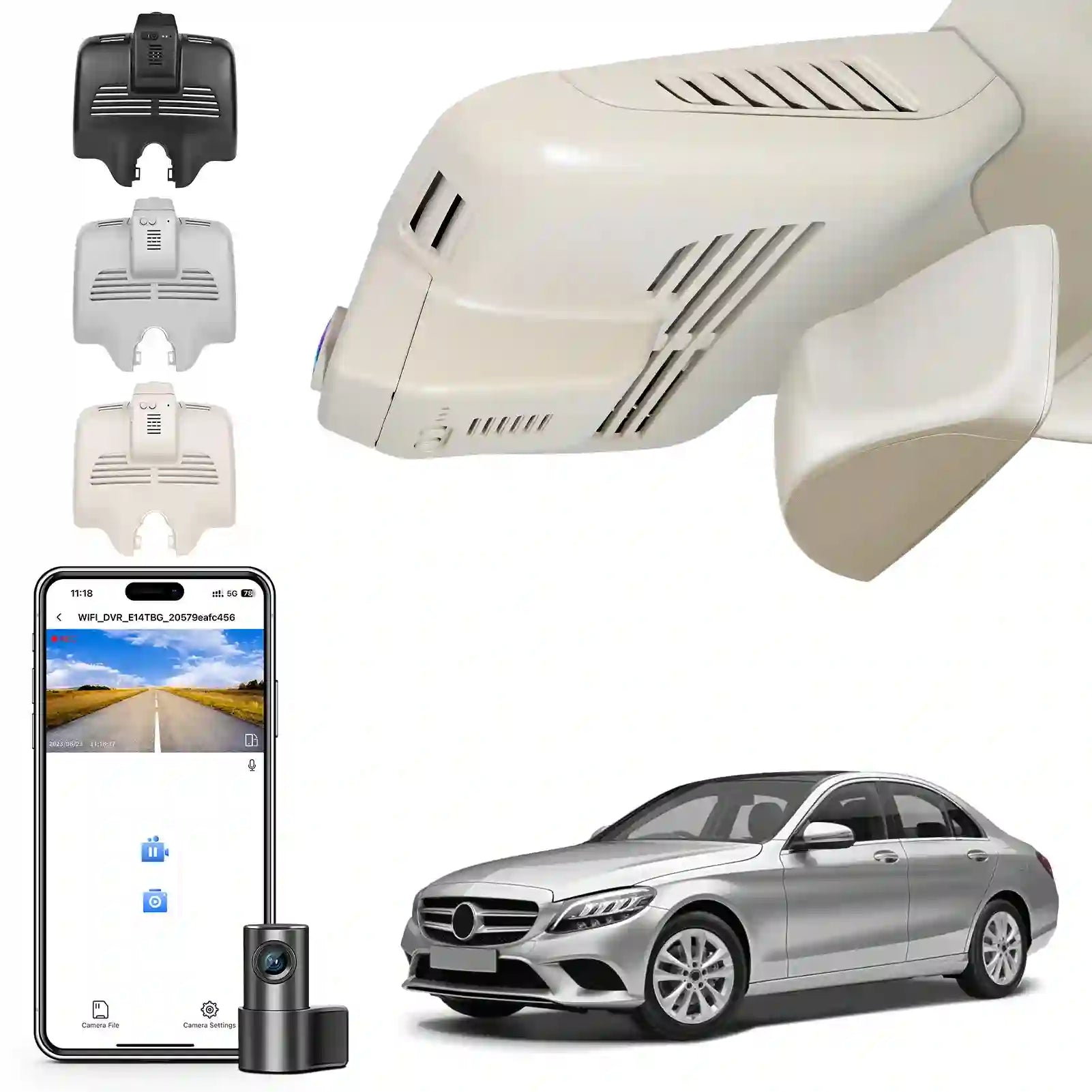 Front 4K and Rear 1080p Dash Cam for Mercedes-Benz C-Class Gen4 W/S/C/A 205 2015-2021(Model B Beige), C200 C250 C300 etc, OEM Look, WiFi & APP, Loop Recording, G-Sensor, GPS, 128GB Card