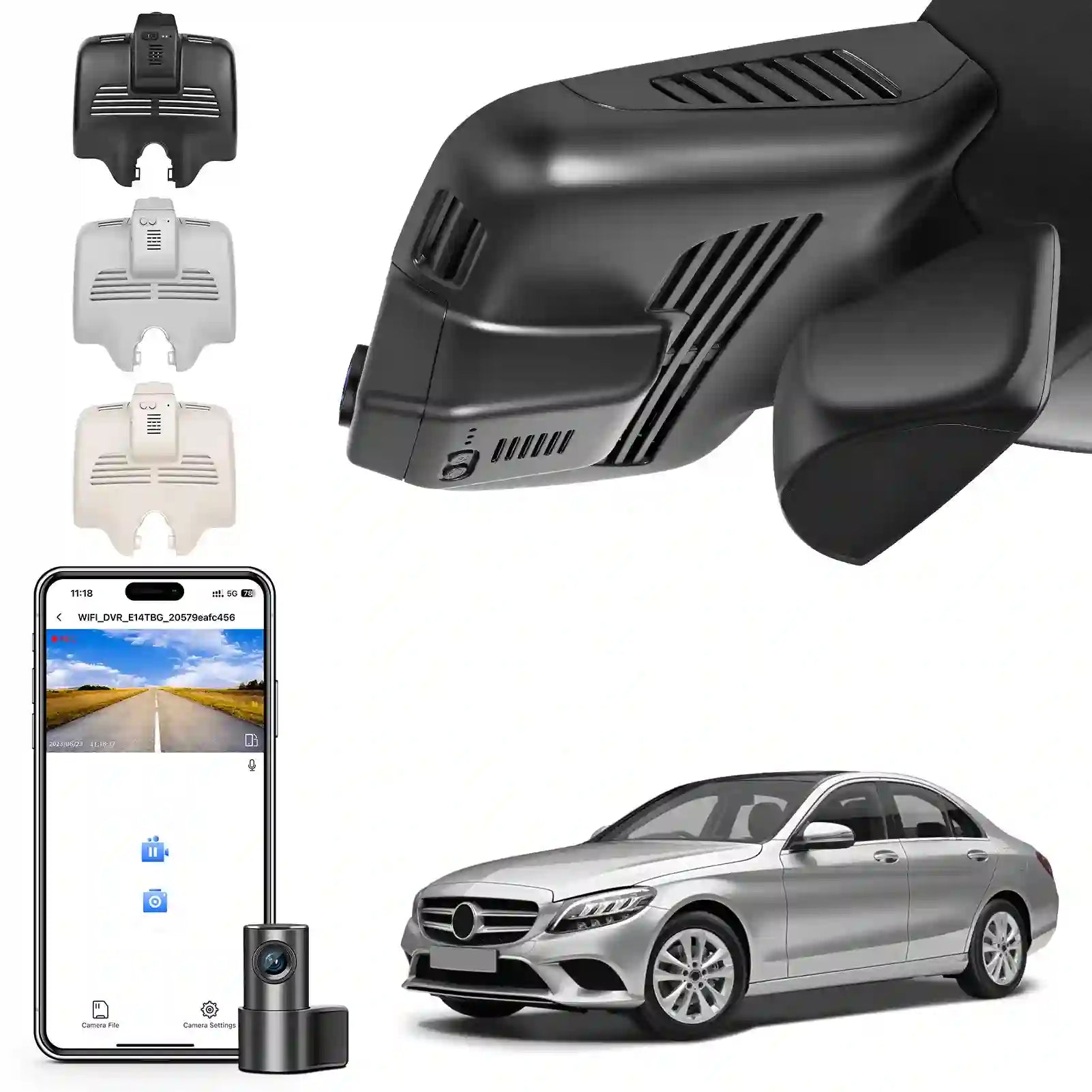 Car dashboard camera with smartphone app and car model on a white background