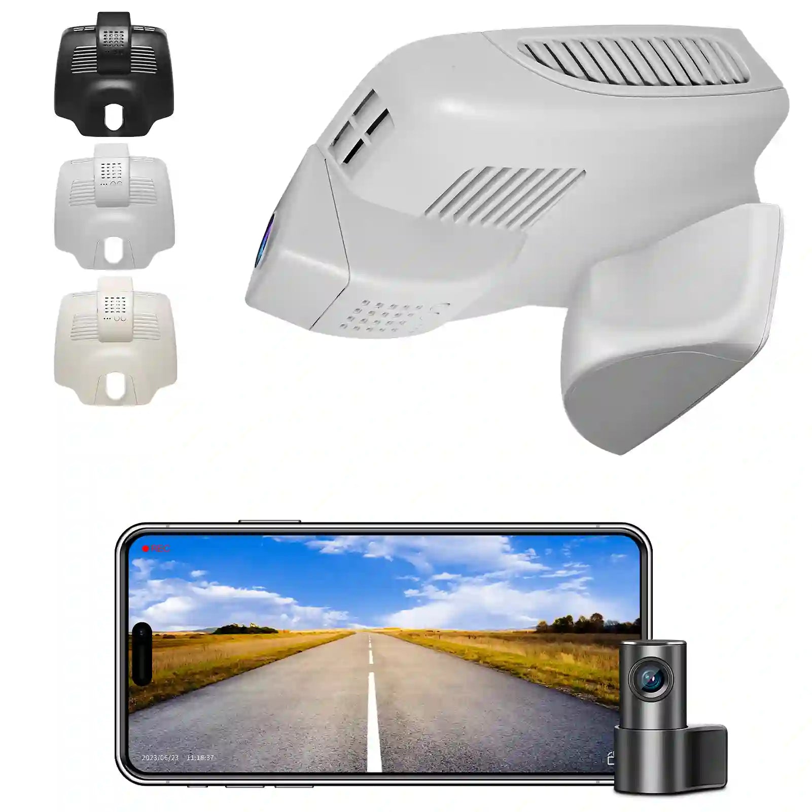 Car dashboard camera system with smartphone displaying road view on a white background