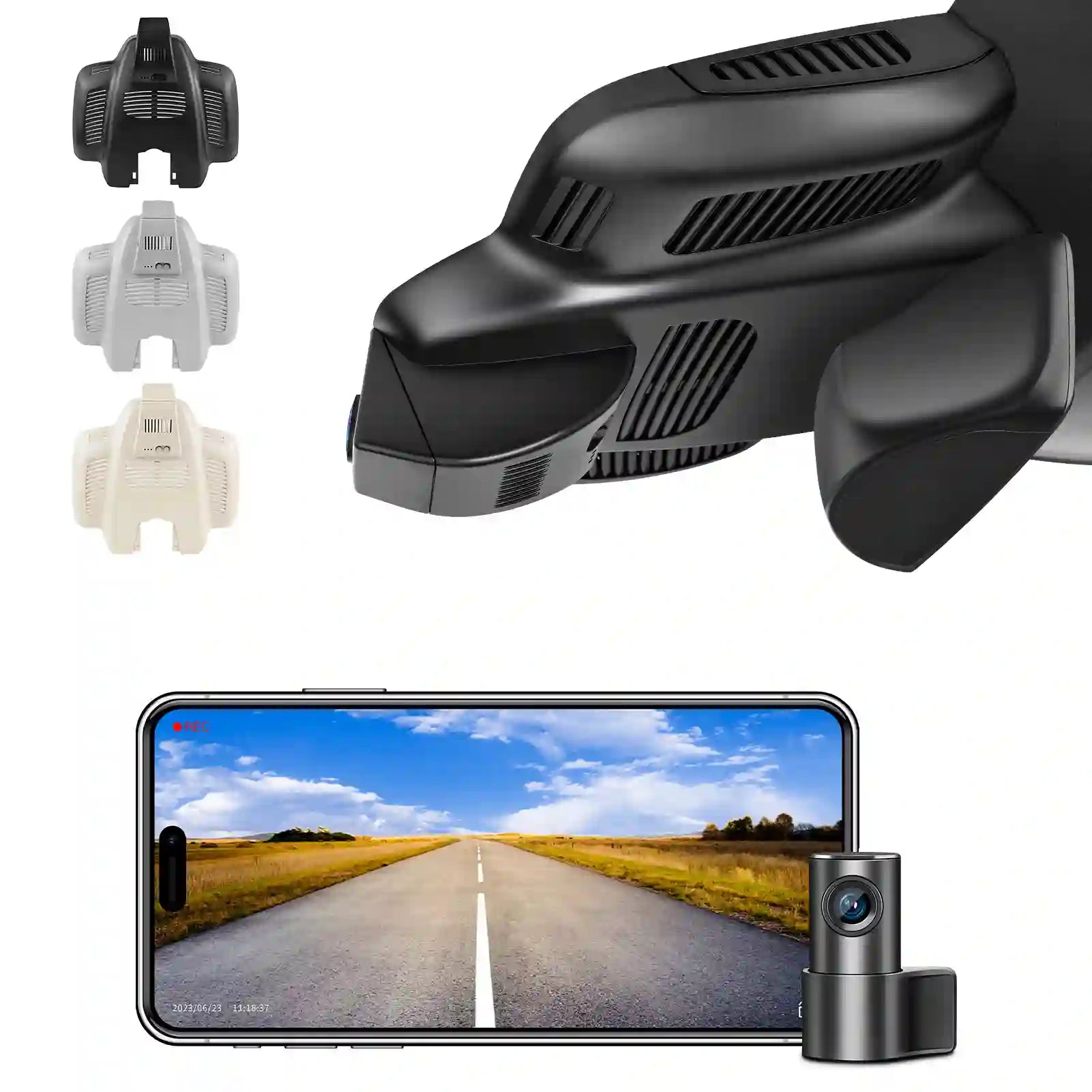 Car dashboard camera with smartphone displaying a road scene, and additional camera lenses