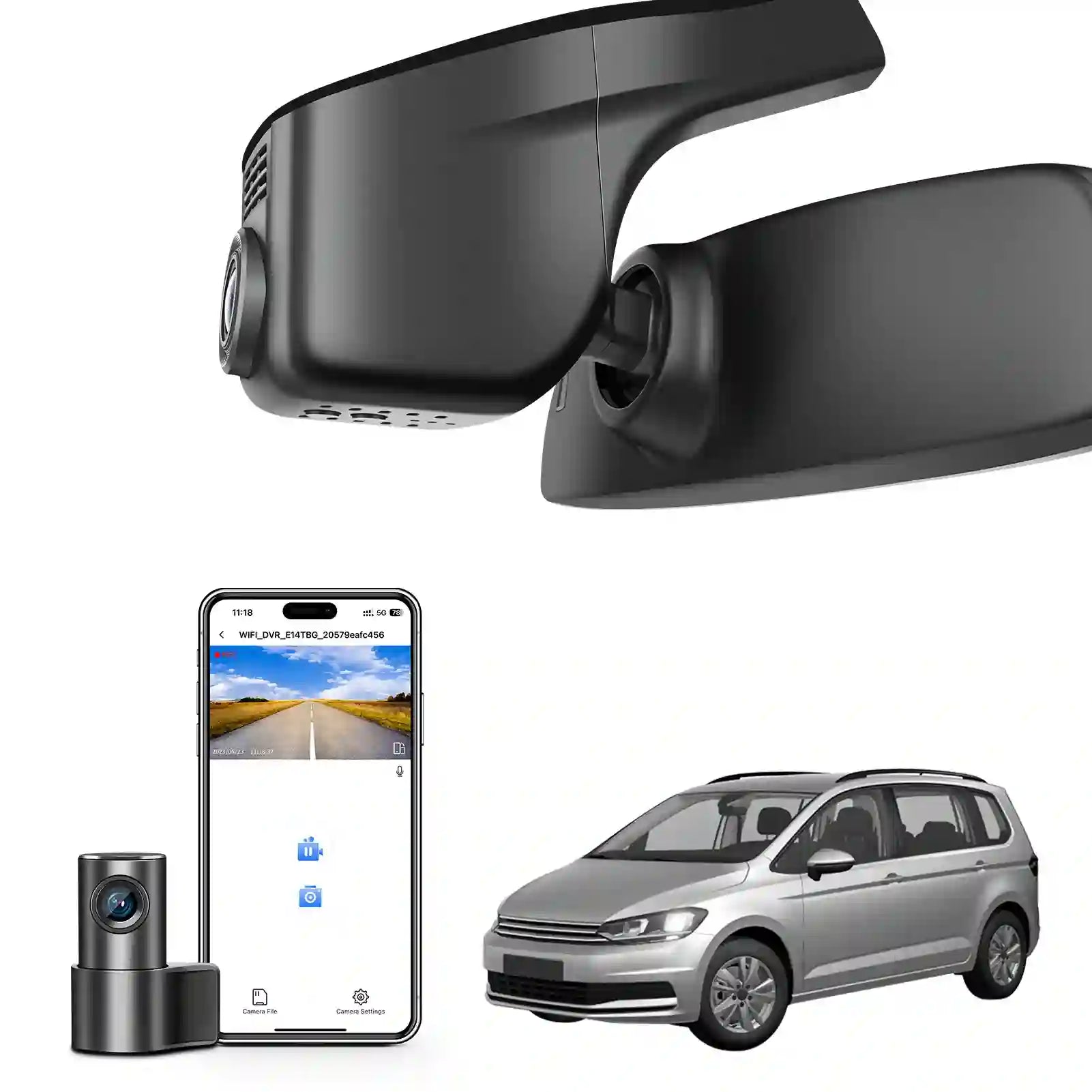 Front 4K & Rear 1080p Dash Cam Custom fit for VW Touran 2016 2017 2018 2019 2020 2021 2022 2024 (Model A Black),Trendline Comfortline Highline R-Line, UHD 2160P, App & WiFi, Loop Recording,128GB Card