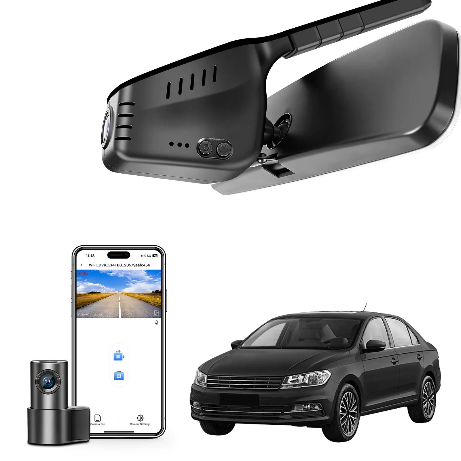 Front 4K and Rear 1080P Dash Cam fit for Volkswagen(Model A), Rearview Mirror Base Without Sensor Cover, Integrated OEM Look, UHD 2160P Video, WiFi & App, Loop Recording, GPS, 128GB Card