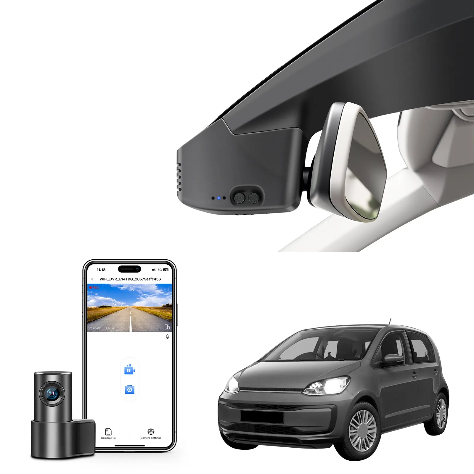 Front 4K & Rear 1080p Dash Cam Custom fit for VW up! & e-up! 2017-2024 (Model B Black), Take up! Move up! high up! e-up! Style etc, UHD 2160P, App & WiFi, Loop Recording, 128GB Card