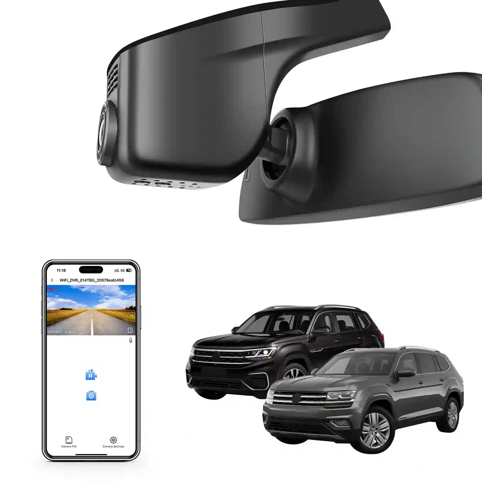 Car mirror with built-in camera, smartphone displaying app interface mangoal OEM style dash camera