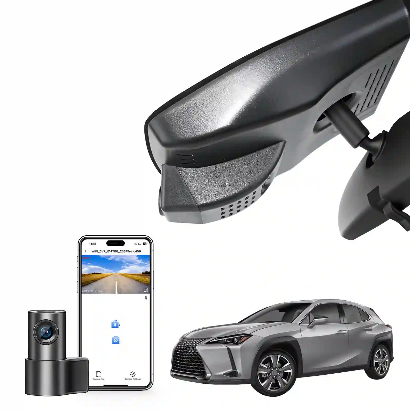 Car camera system with smartphone app, car, and Lexus UX two channels dash camera