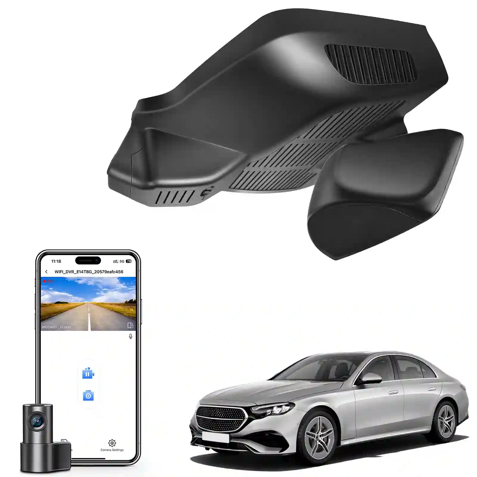 Car dashboard camera, smartphone with app interface, and Mercedes-Benz car Mercedes dash camera gen-6 two channel camera