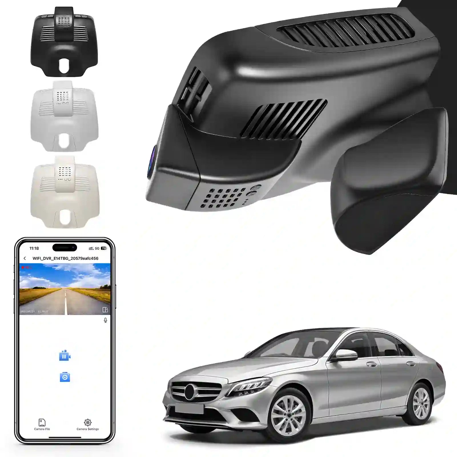 Car dashboard camera, smartphone app, and Mercedes-Benz car on a white background