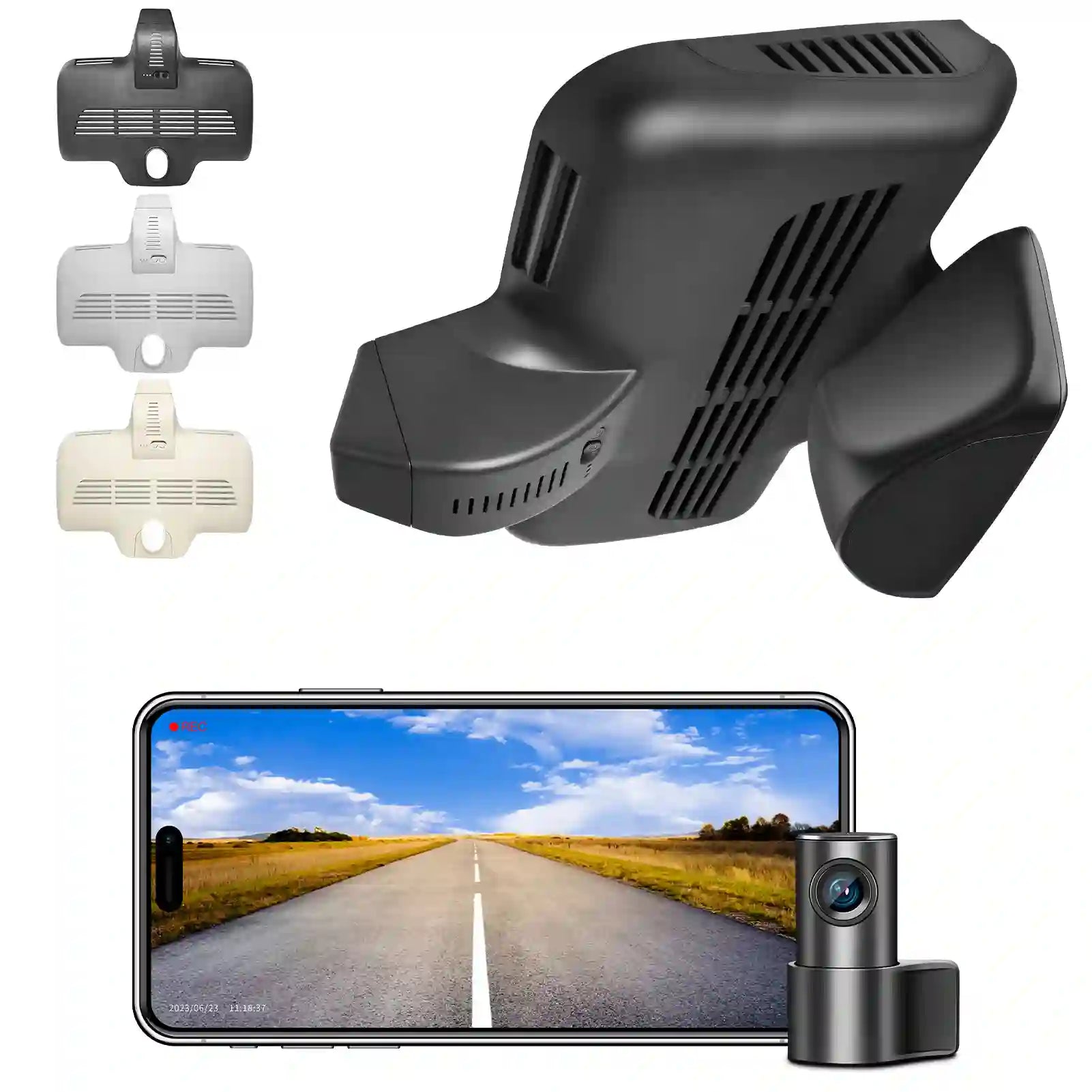 Car dashboard camera with smartphone displaying road view and additional camera on camera