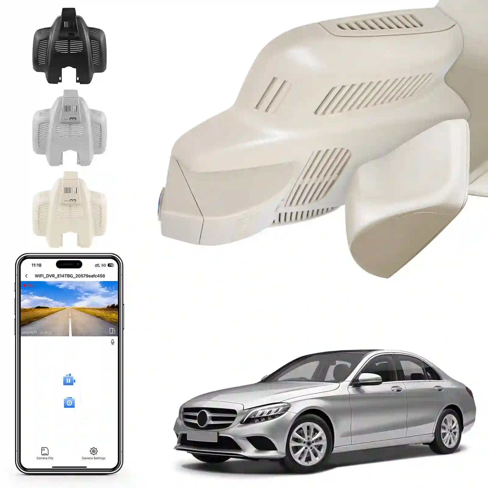 4K Dash Cam for Mercedes-Benz C-Class Gen4 W/S/C/A 205 2015-2021(Model E Beige), C200 C250 C300 etc, OEM Look, UHD 2160P, WiFi & APP, Loop Recording, G-Sensor, Easy to Install, 64GB Card