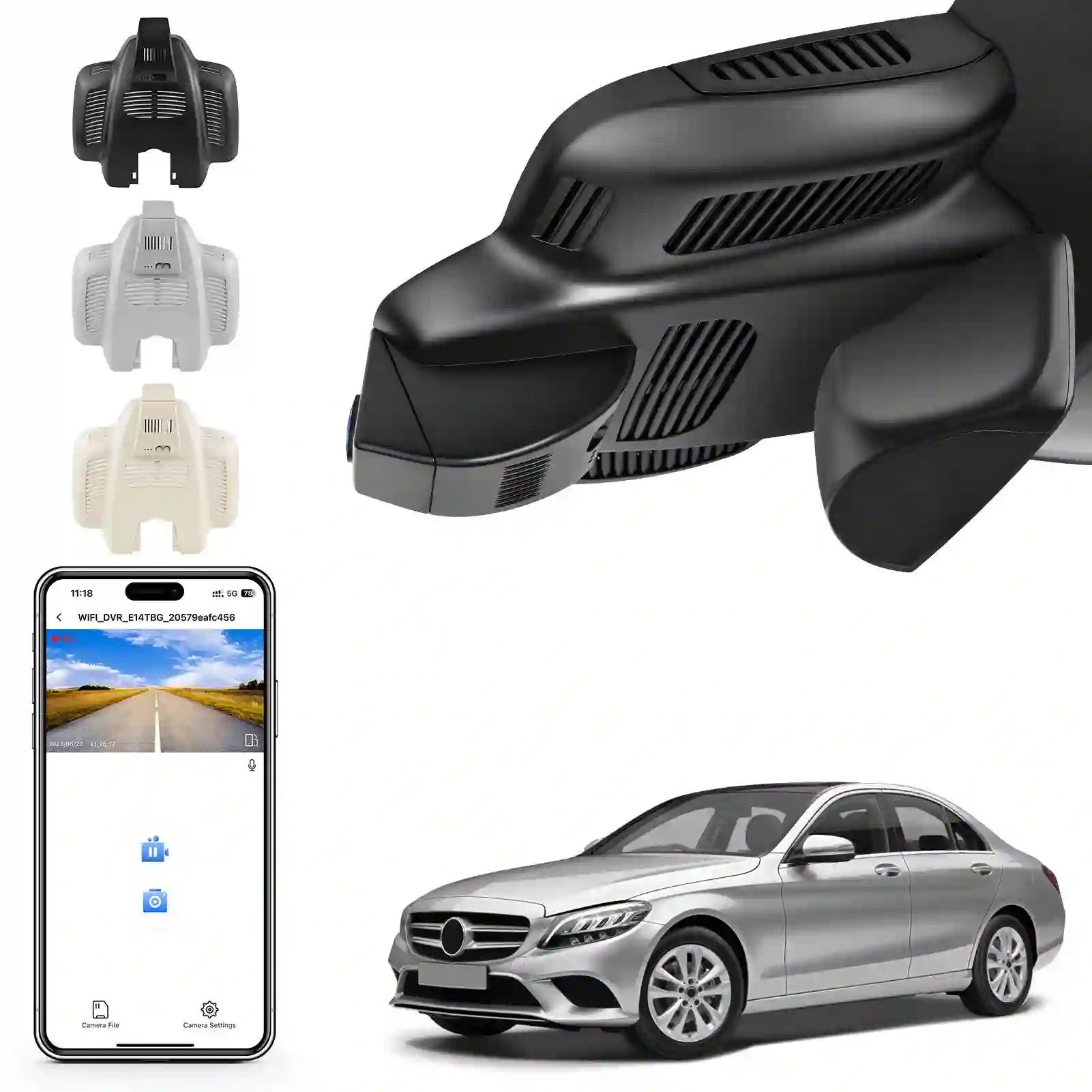 Car dashboard camera with smartphone app and Mercedes-Benz car on a white background