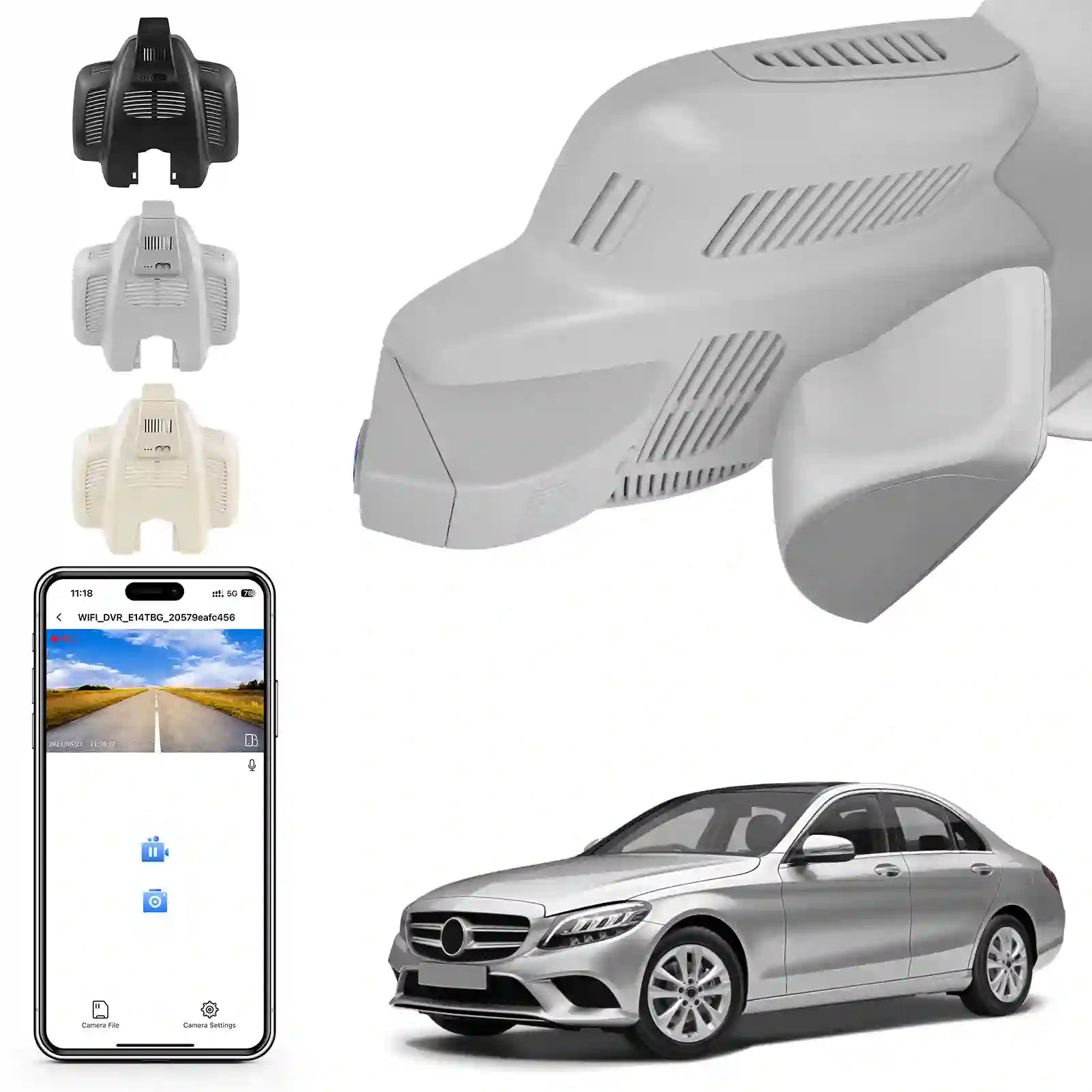 Car dashboard camera, smartphone app, and Mercedes-Benz car on a white background