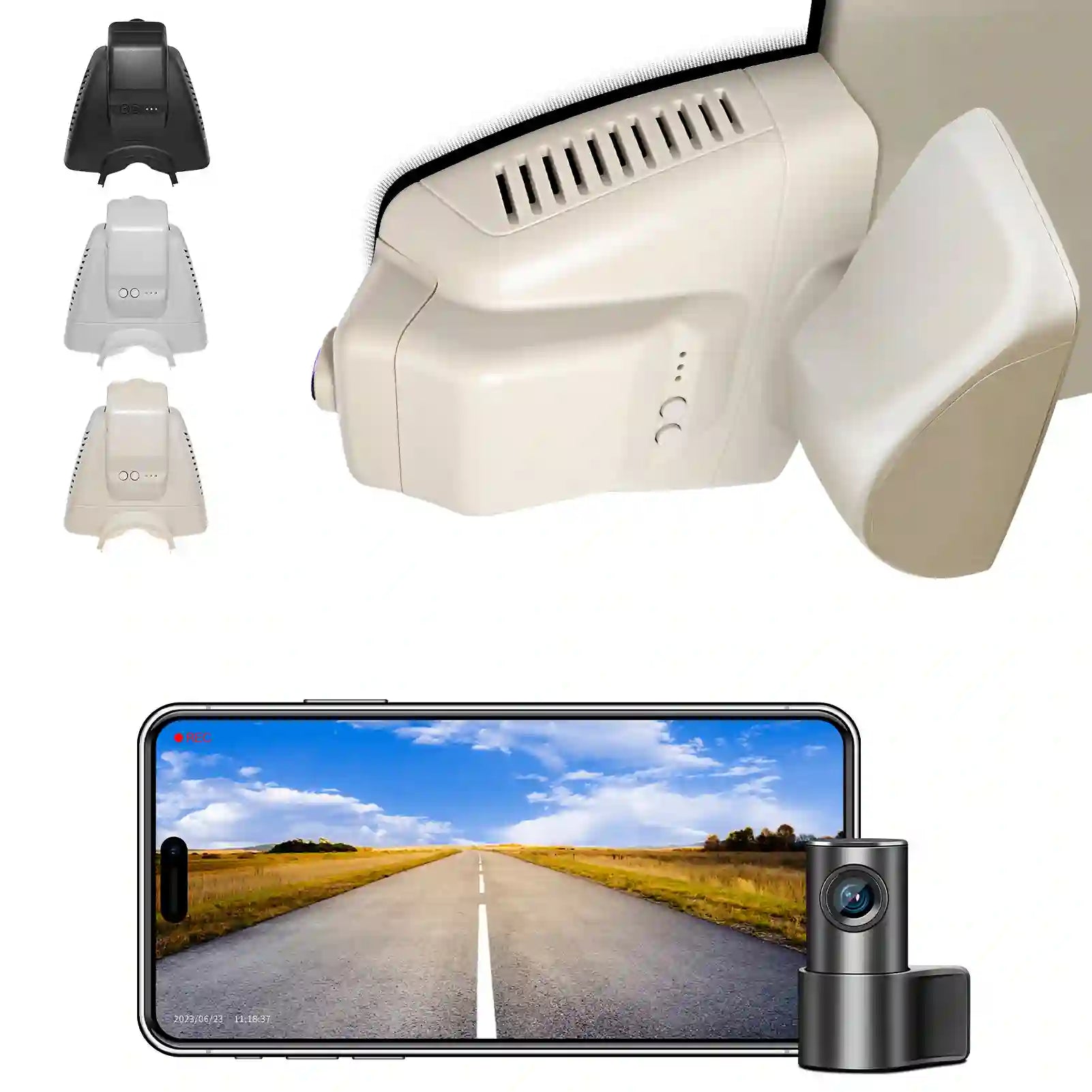 Mercedez Benz Car dashboard camera with smartphone displaying a road view, showing different camera angles Dual dash camera.