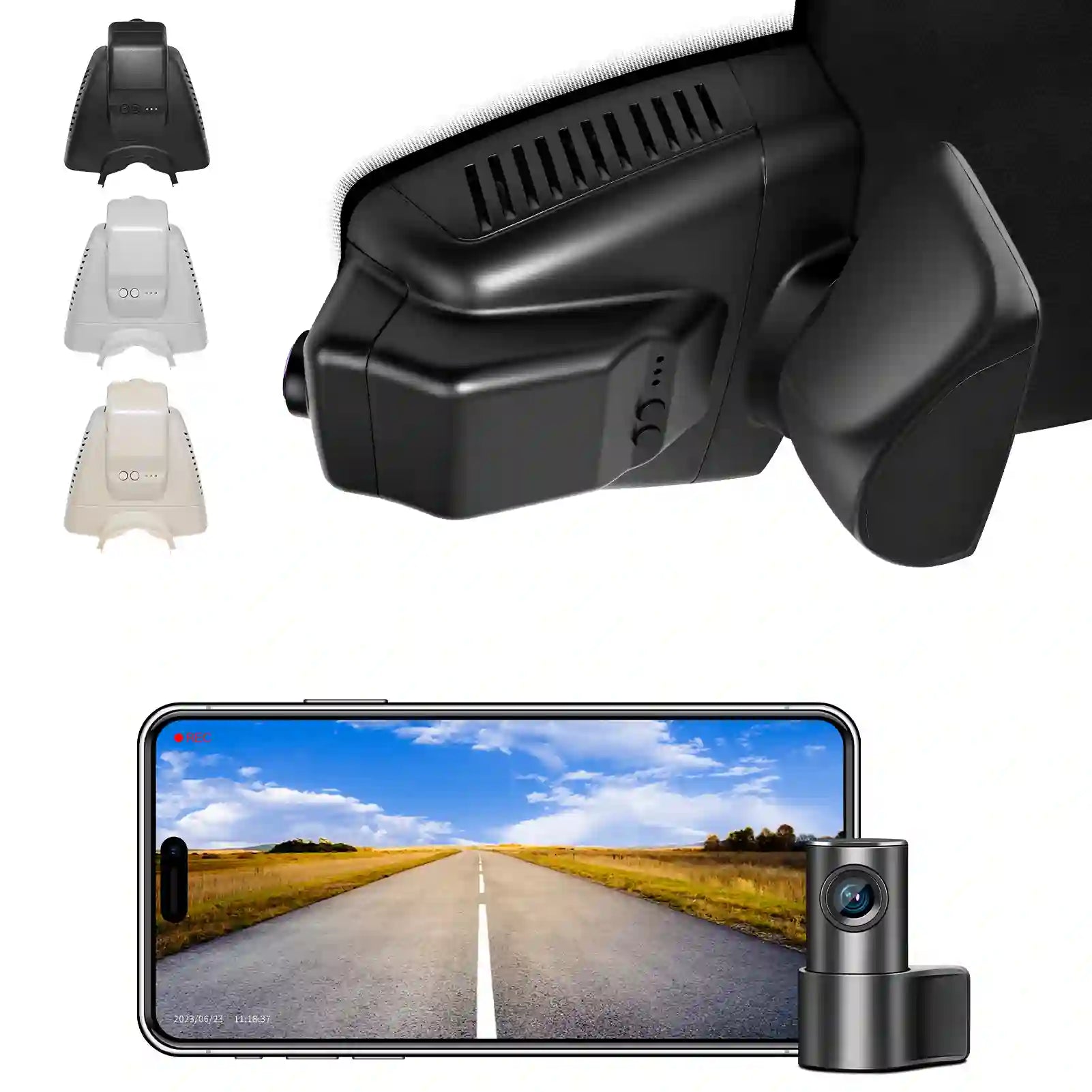 Mercedez benz model-A black Car dashboard camera with smartphone displaying a road scene, showing different color options.