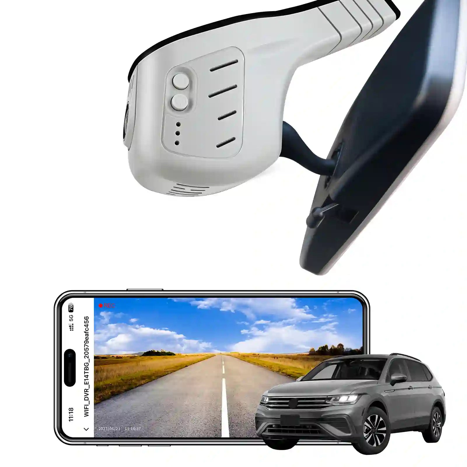 Car rearview mirror with built-in camera, smartphone displaying on app dash camera