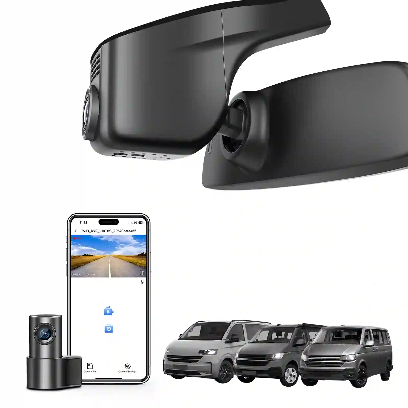 Car mirror with built-in camera, smartphone displaying app interface, and three cars