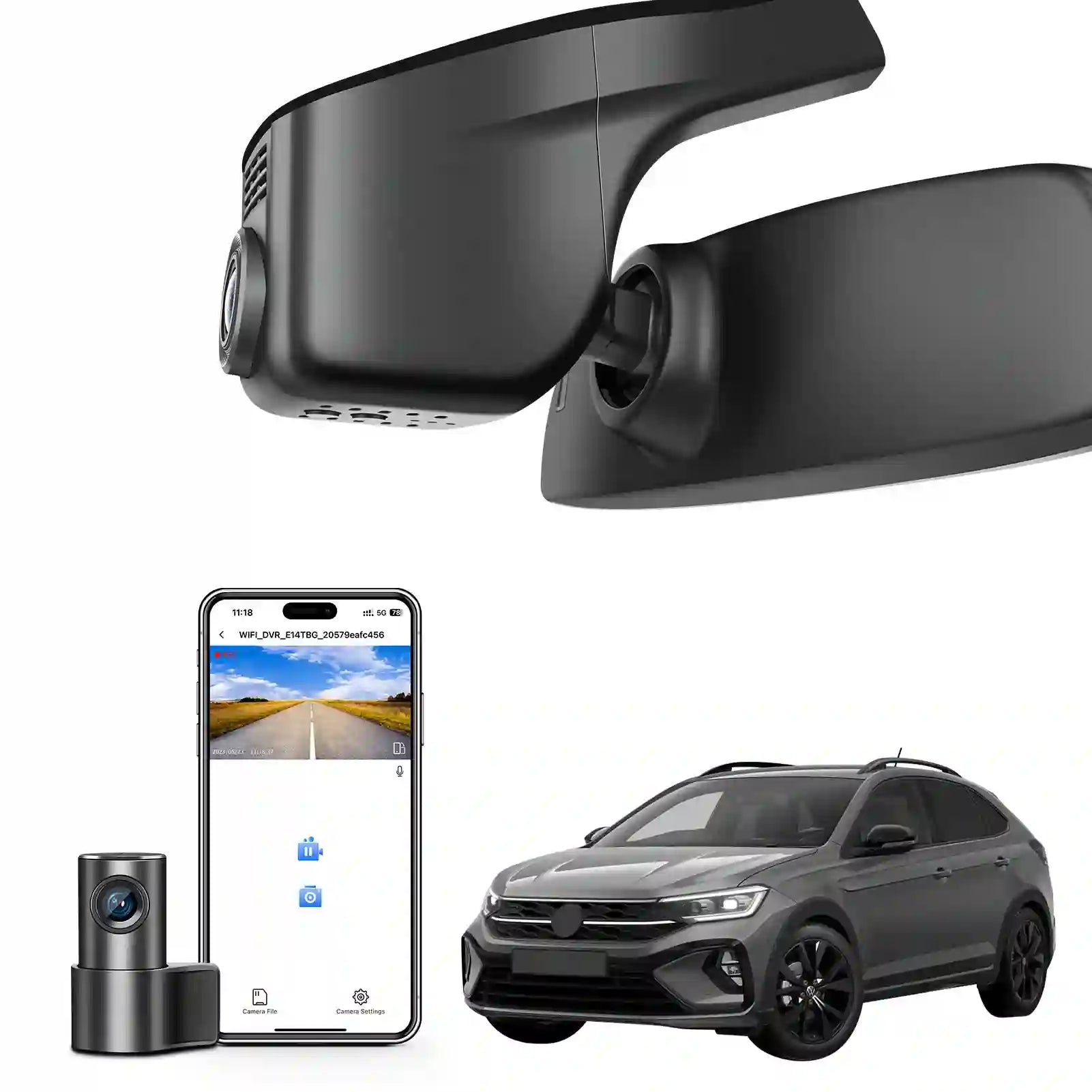 Front 4K & Rear 1080p Dash Cam Custom fit for Volkswagen Taigo 2022 2023 2024 2025 (Model A Black), Life Style R-Line Match, OEM Look, UHD 2160P Video, App & WiFi, Loop Recording, 128GB Card