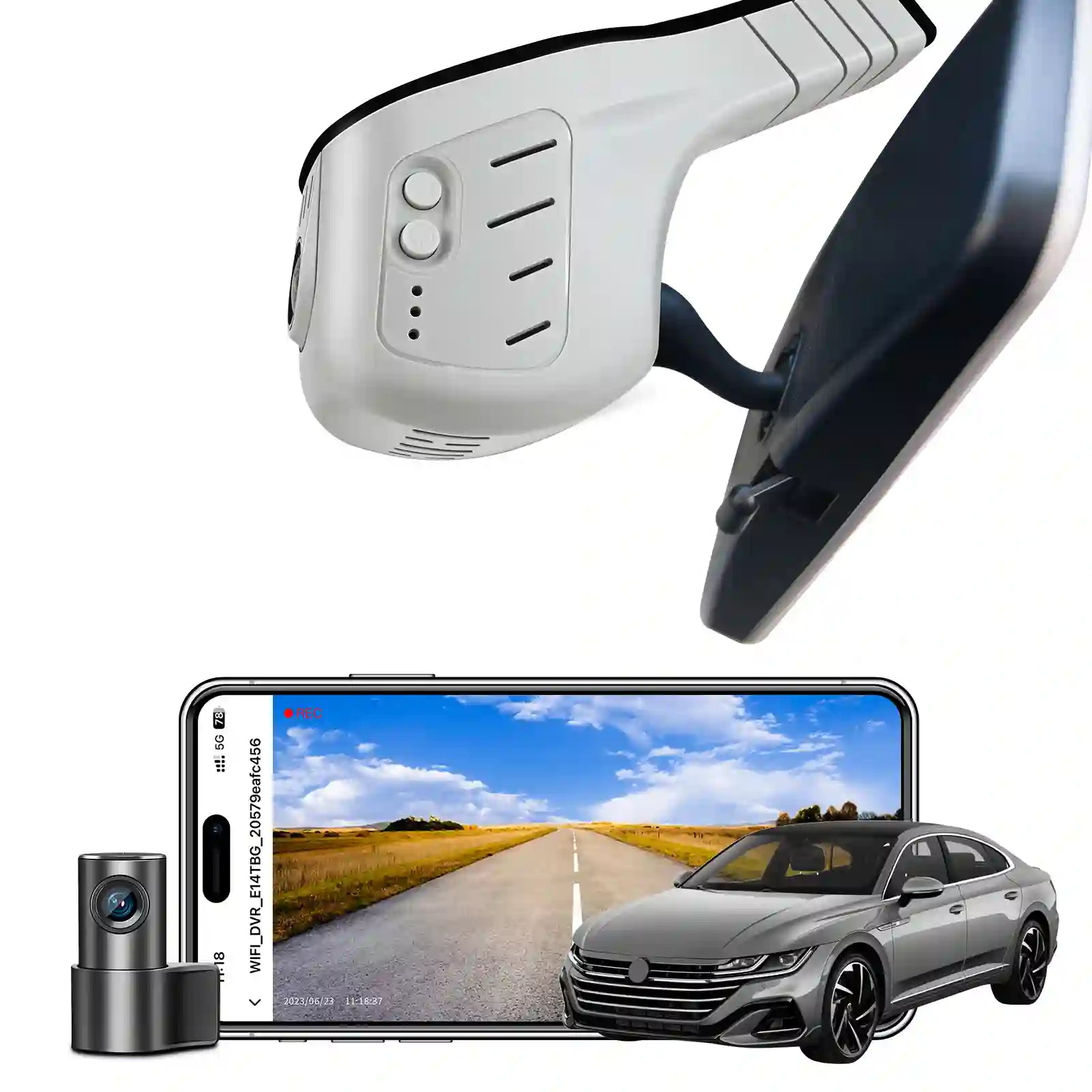 Car camera system with smartphone app interface and car display on a Volkswagen Taos two channel mangoal tech dash camera