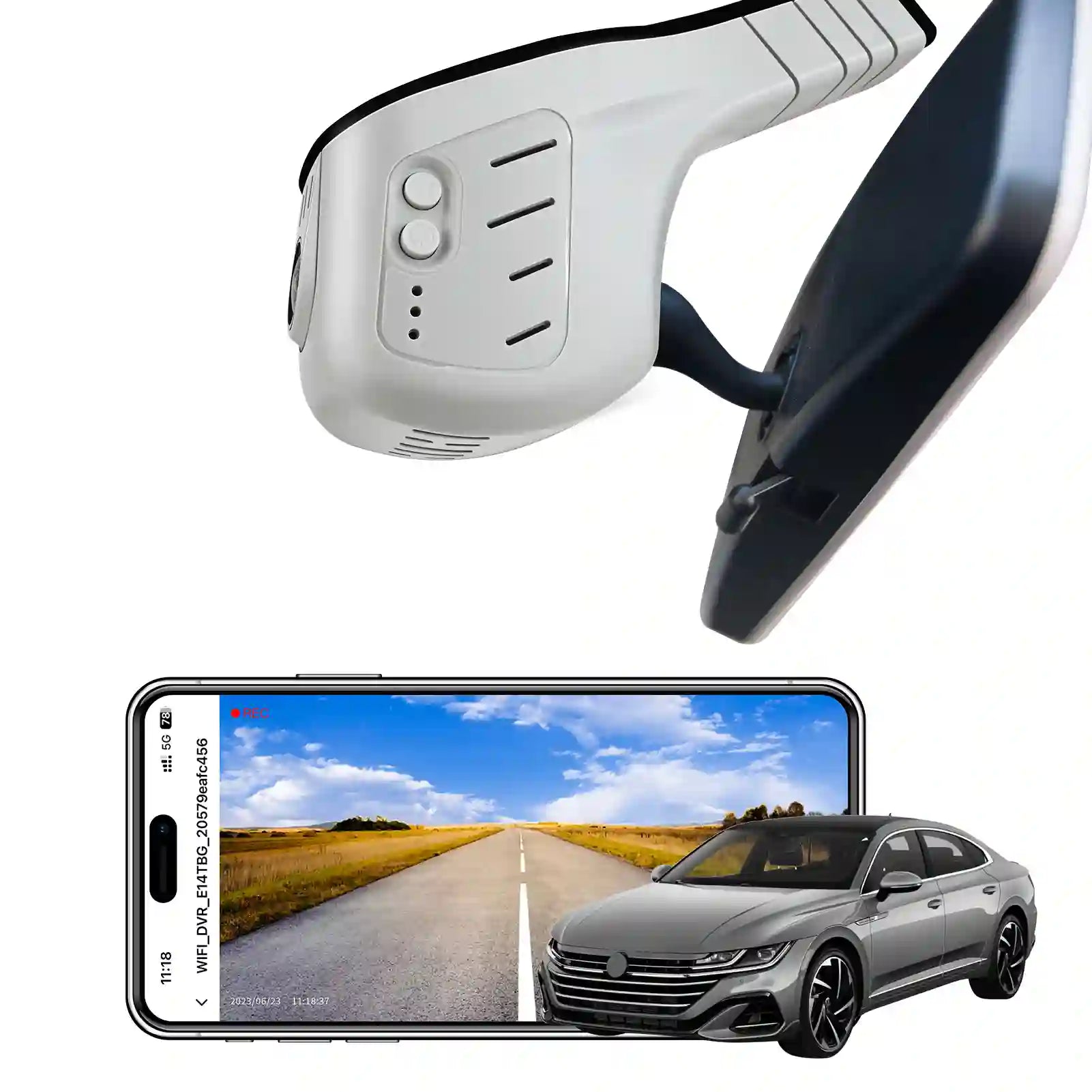 Car rearview mirror with a smartphone displaying a road scene and a car Volkswagen Taos one channel dash camera