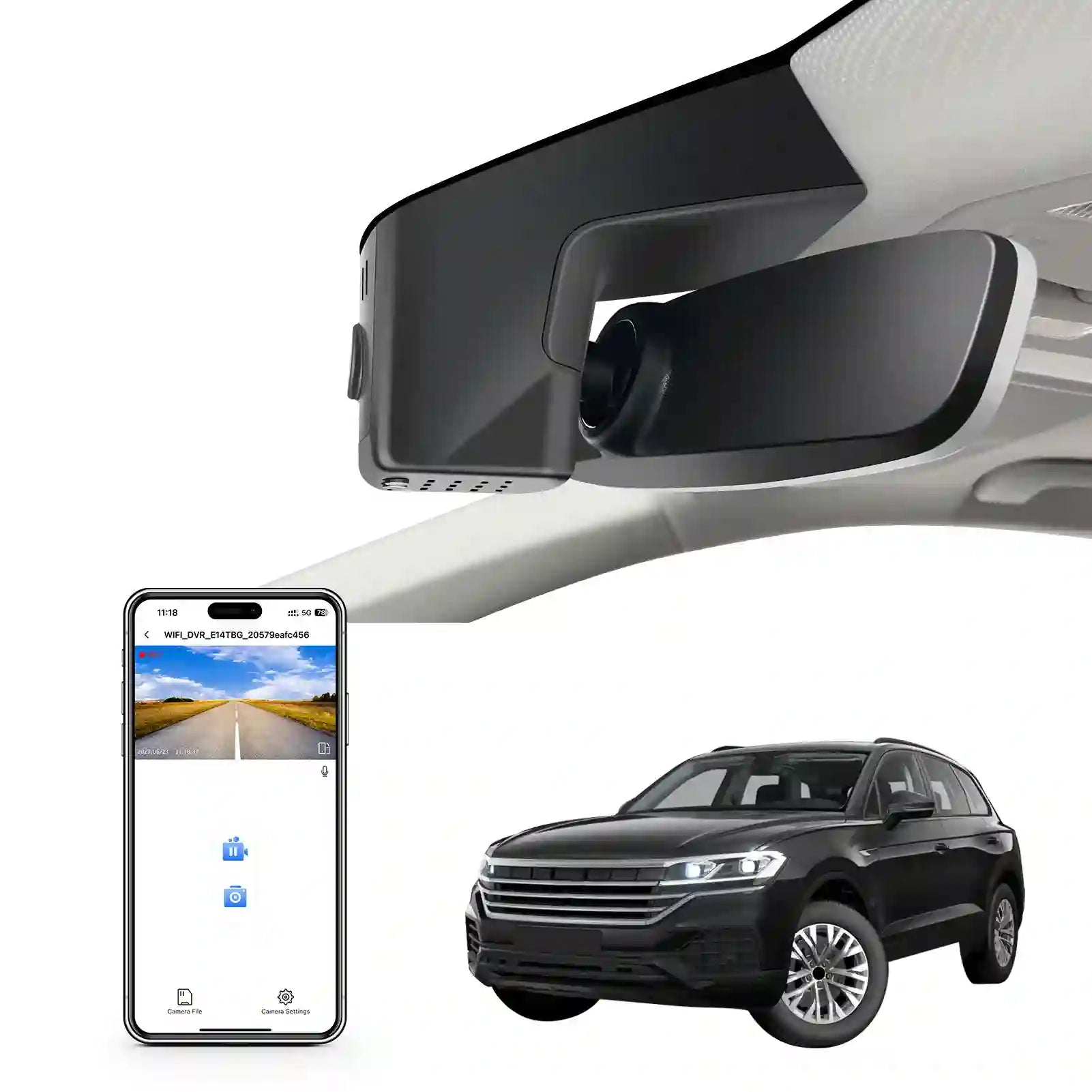 4K Dash Cam Custom fit for VW Touareg 2019 2020 2021 2022 2024 2025 (Model B Black), Atmosphere Elegance R-Line SE/SEL, OEM Look, UHD 2160P Video, App & WiFi, Loop Recording, 64GB Card