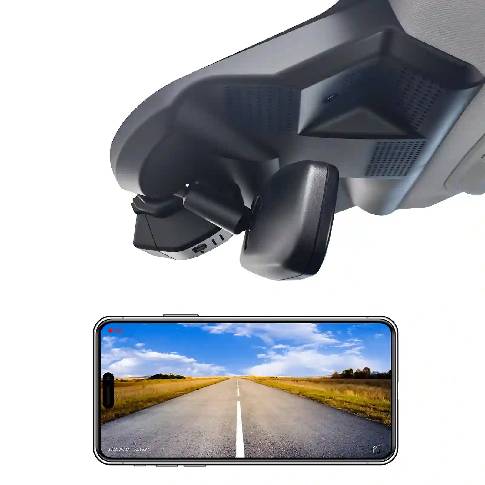 Car dashboard camera with a smartphone displaying a road scene.