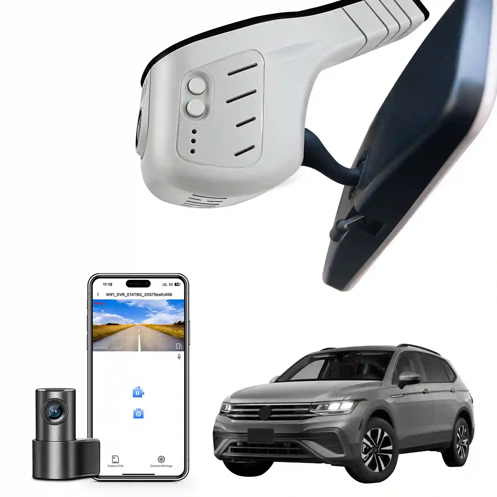 Car camera system with smartphone app, car, and additional camera on in rear mirror case dash camera