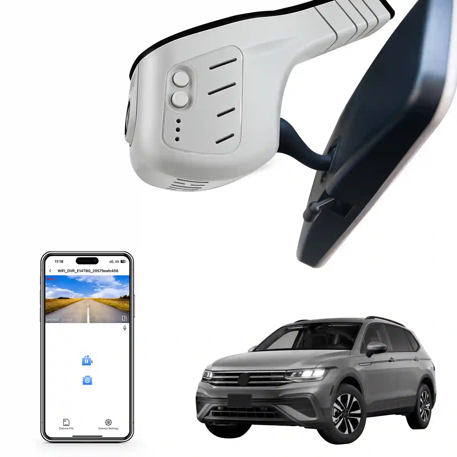 Car rearview mirror with camera, smartphone displaying camera feed, and SUV on a white background can install 360 angles camera