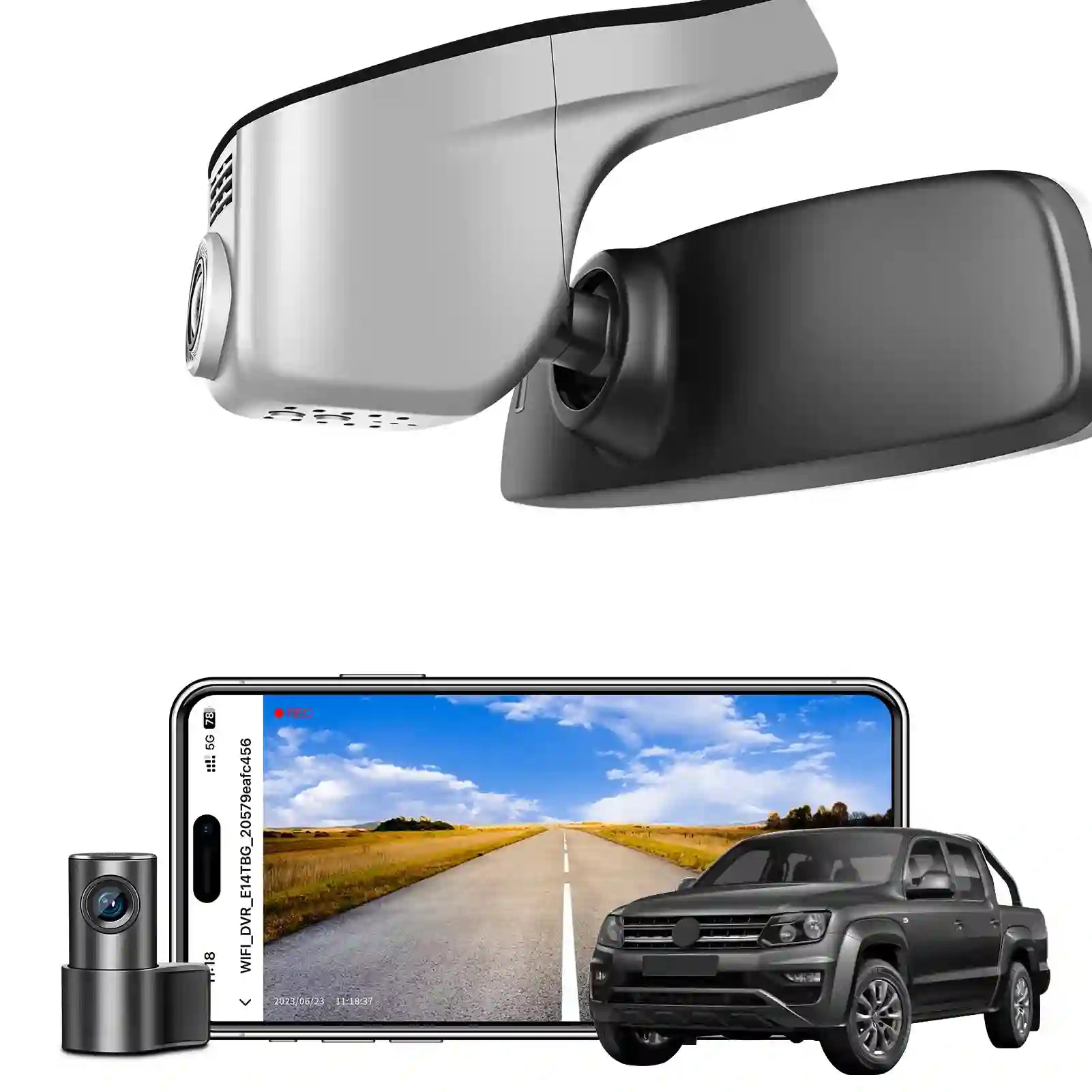Front 4K & Rear 1080p Dash Cam Custom fit for Volkswagen Amarok 2017-2022 (Model A Gray), V6 Highline V6 Aventura 2.0 TDI Trendline, OEM Look, UHD 2160P Video, App & WiFi, Loop Recording, 128GB Card
