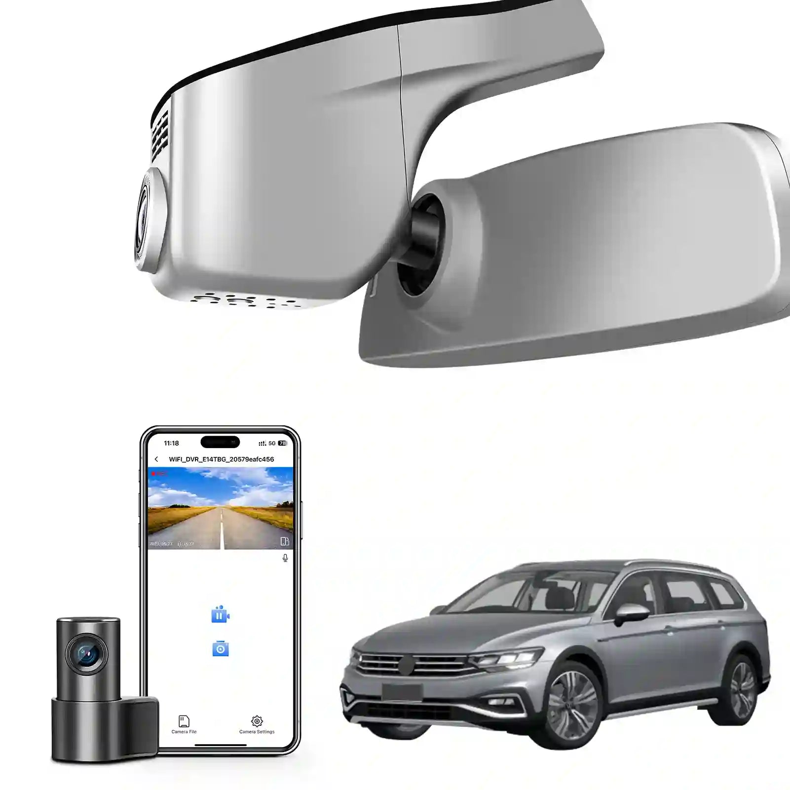 Front 4K & Rear 1080p Dash Cam for VW Passat B8 2015-2024 (Model A Gray),Conceptline/Basis Business Elegance R-Line GTE BlueMotion Alltrack, UHD 2160P, App & WiFi, Loop Recording,128GB Card