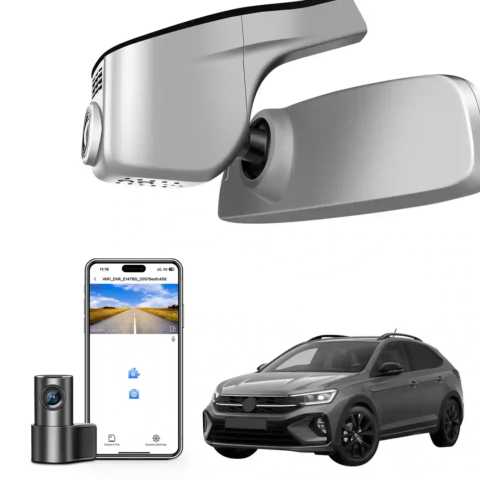 Front 4K & Rear 1080p Dash Cam Custom fit for Volkswagen Taigo 2022 2023 2024 2025 (Model A Gray), Life Style R-Line Match, OEM Look, UHD 2160P Video, App & WiFi, Loop Recording, 128GB Card
