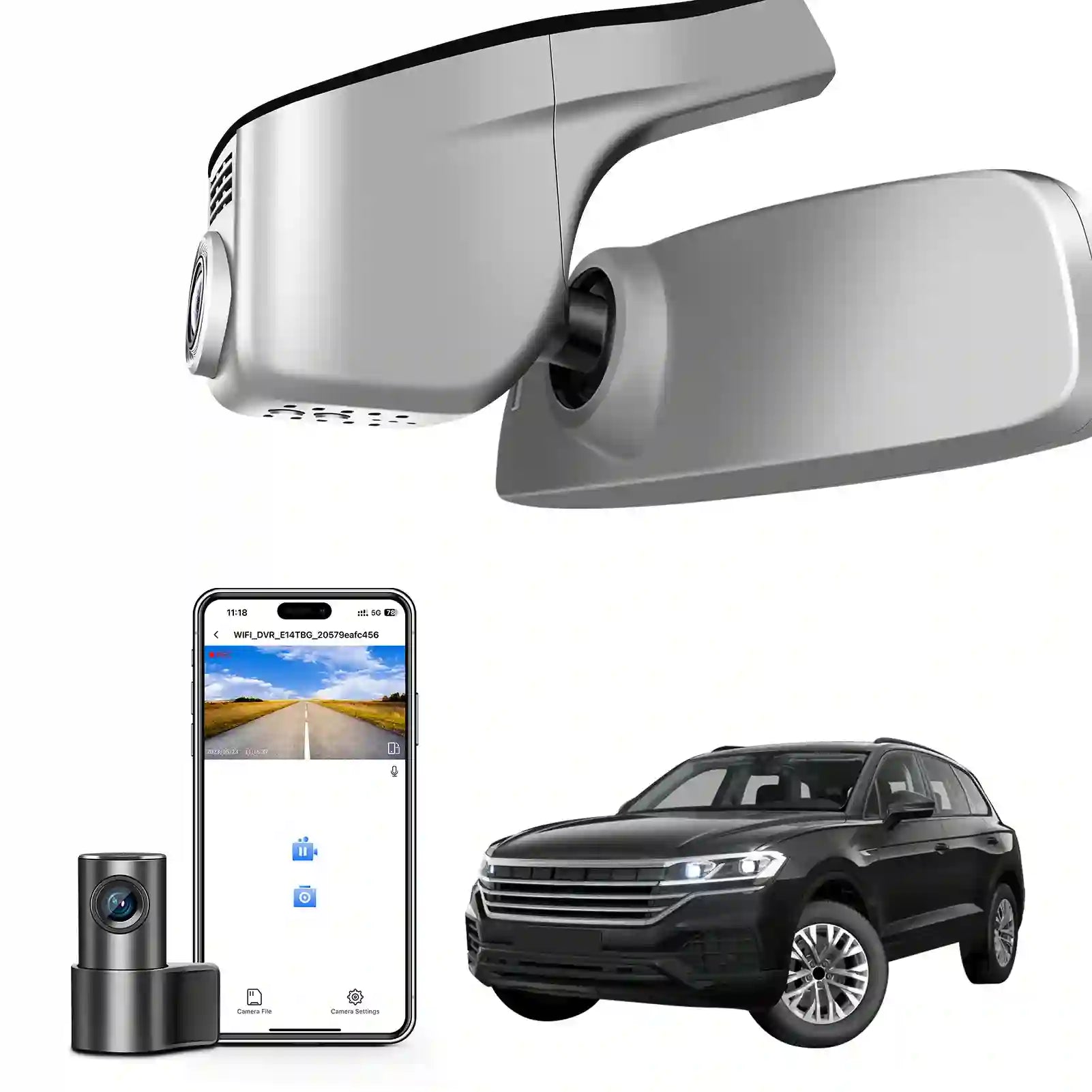 Front 4K & Rear 1080p Dash Cam Custom fit for VW Touareg 2019 2020 2021 2022 2024 2025 (Model A Gray), Atmosphere Elegance R-Line SE/SEL, UHD 2160P, App & WiFi, Loop Recording,128GB Card