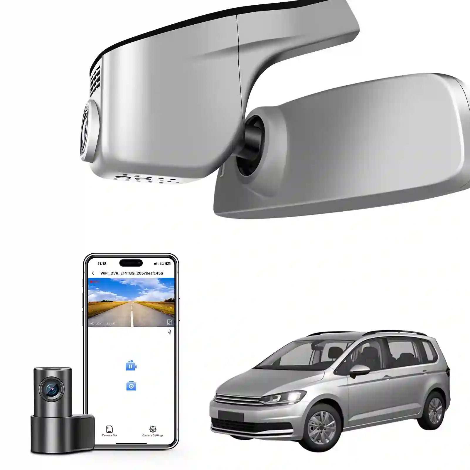 Front 4K & Rear 1080p Dash Cam Custom fit for VW Touran 2016 2017 2018 2019 2020 2021 2022 2024 (Model A Gray),Trendline Comfortline Highline R-Line, UHD 2160P, App & WiFi, Loop Recording,128GB Card