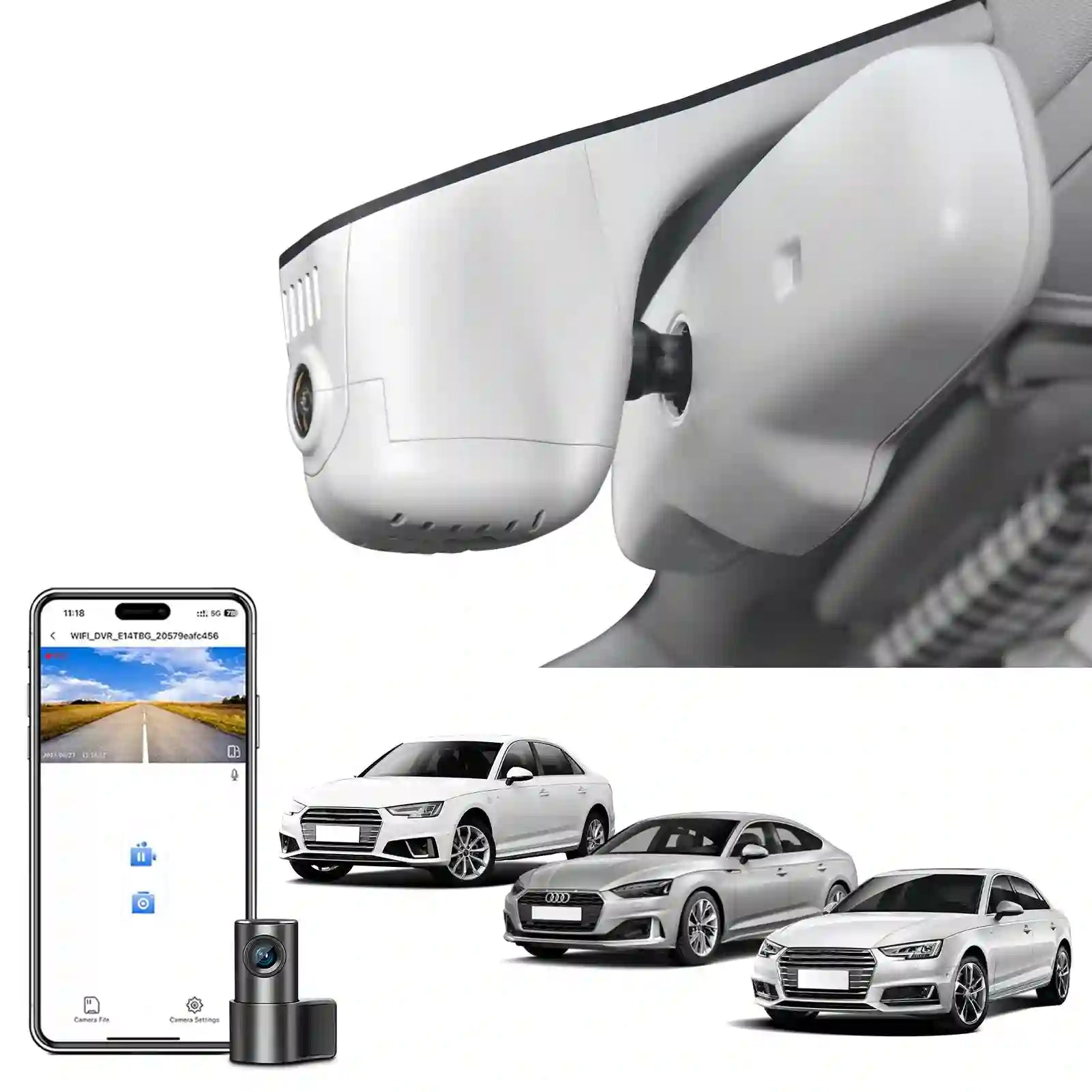 Car camera system with smartphone app and multiple cars displayed.