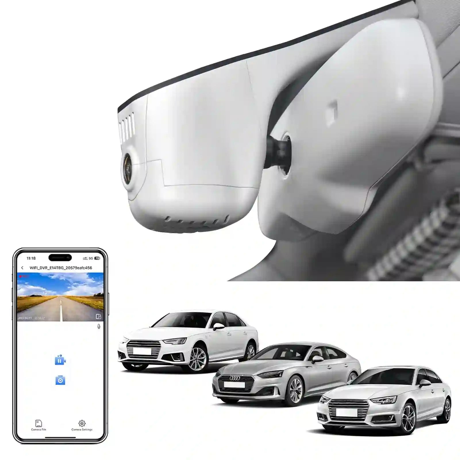 Car camera with smartphone app interface and multiple cars displayed.