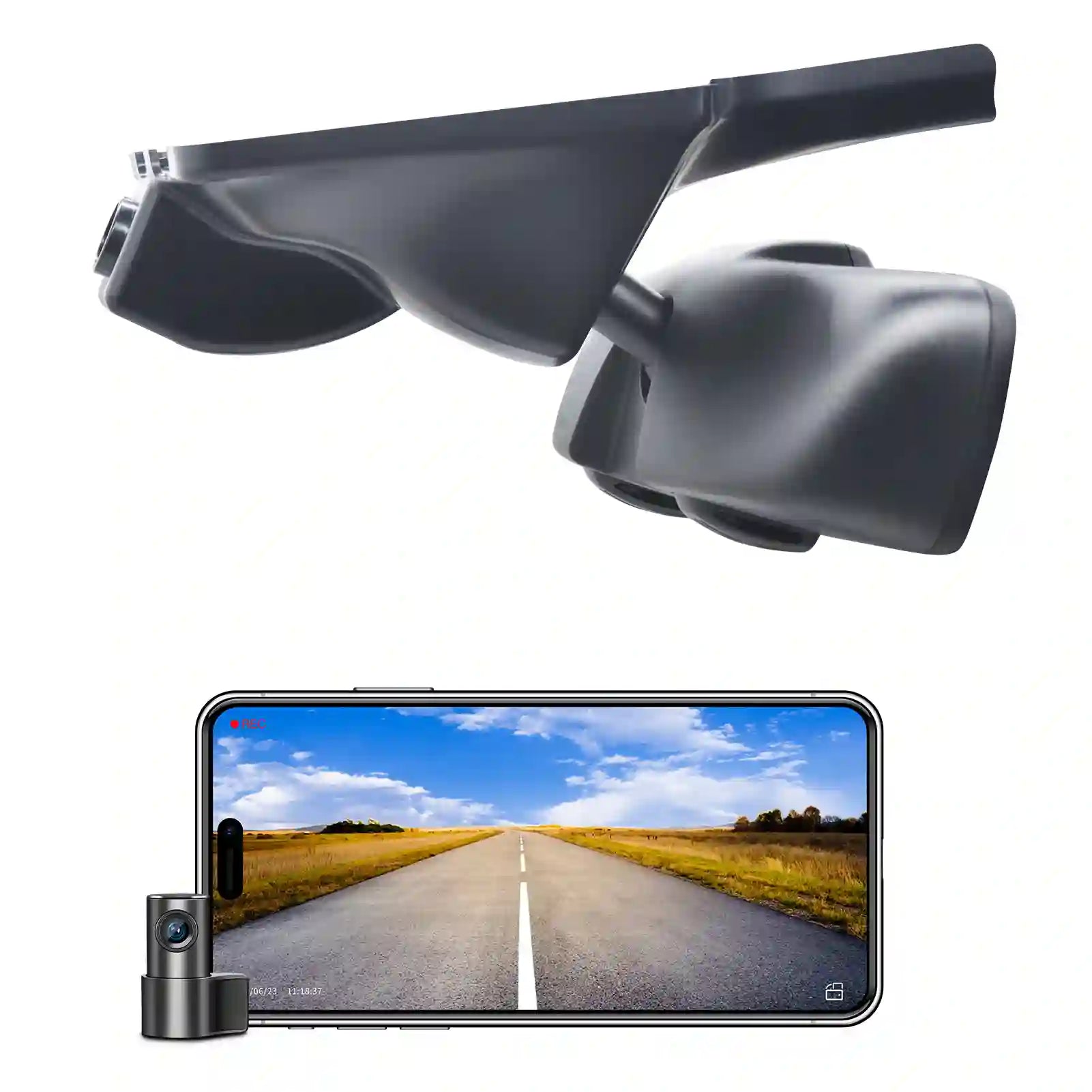 Pair of black car mirrors with a smartphone displaying a scenic road view on a white background.