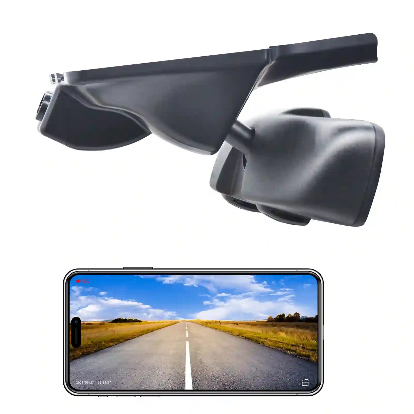 Car side mirrors with a smartphone displaying a road scene on a white background