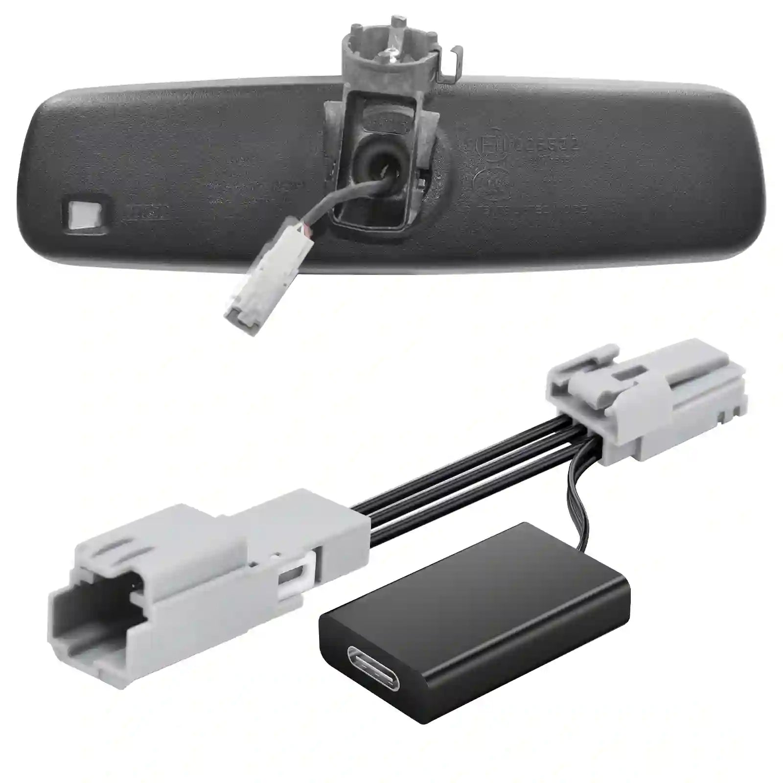 Car mirror assembly with wiring harness on a white background