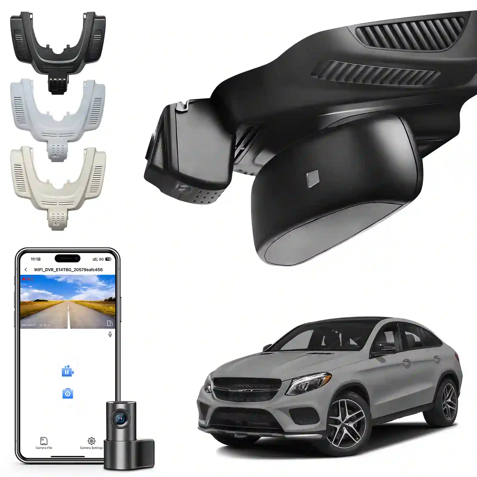 Car camera system with smartphone app, car, and different color options on a white background