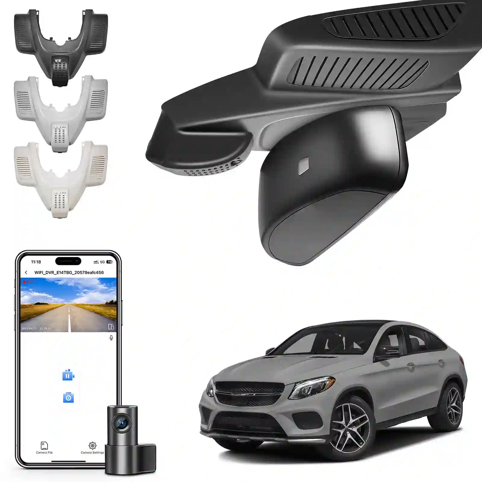 Car dashboard camera with mounting brackets, smartphone app, and car model on a white background