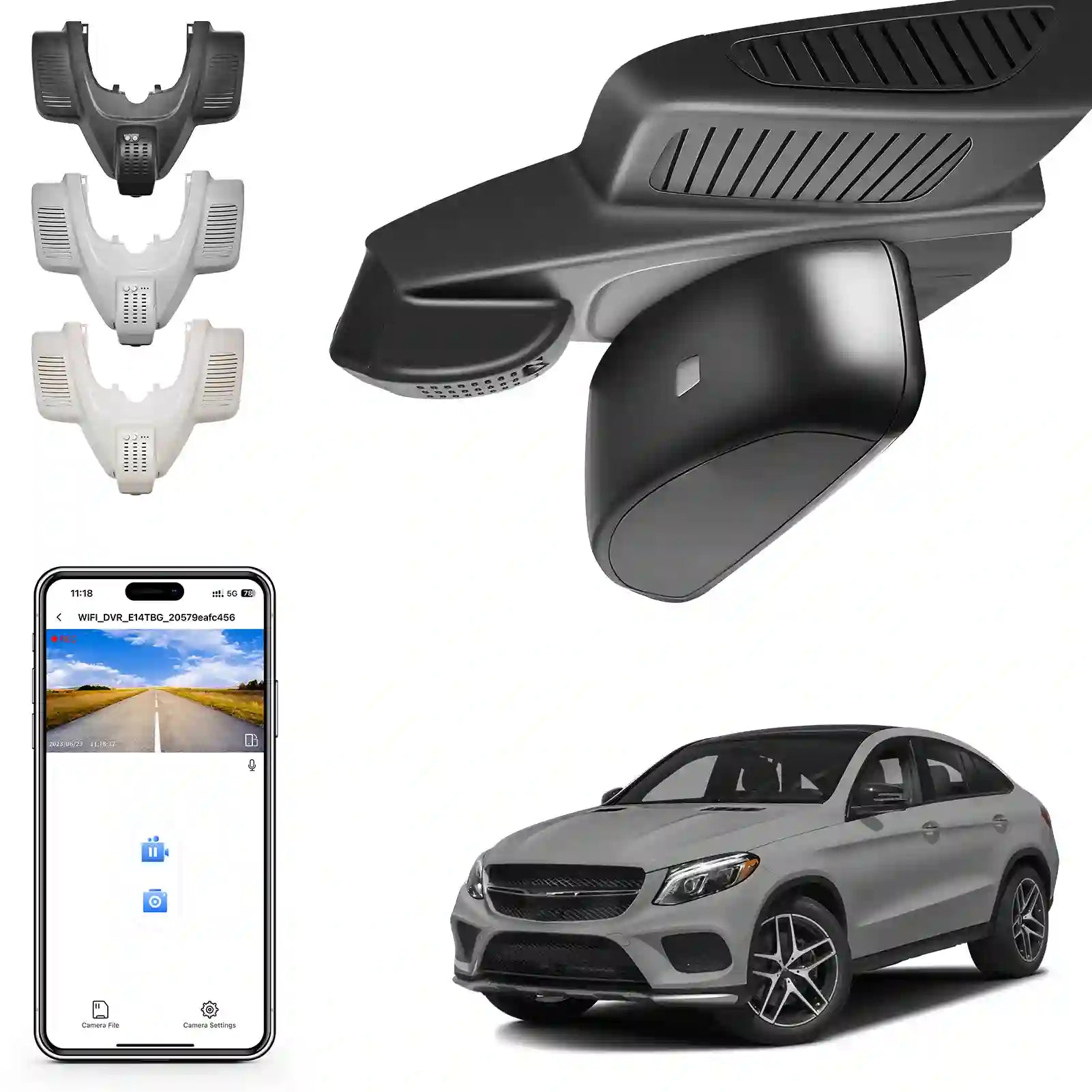 Car dashboard camera with mounting brackets, smartphone app, and car on a white background