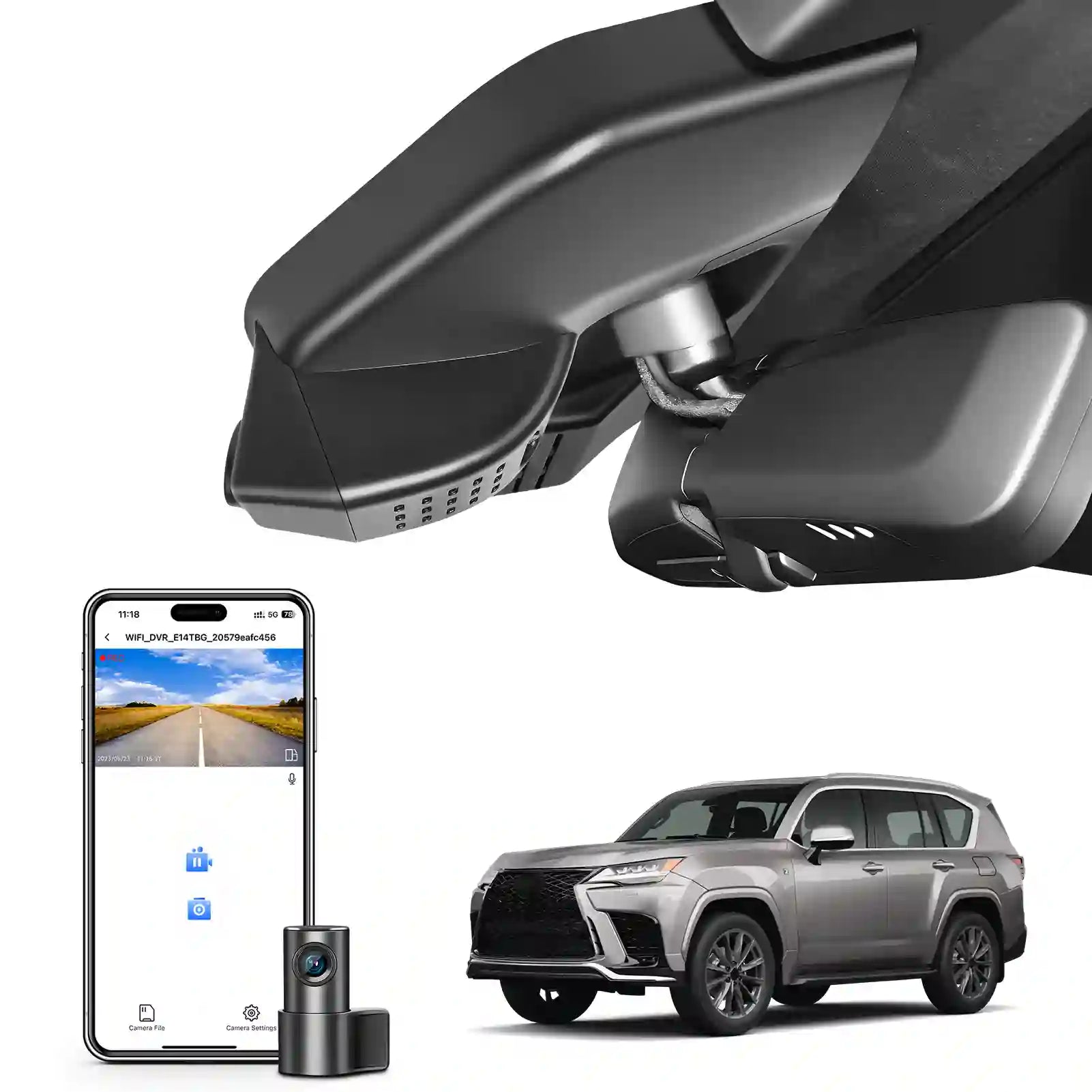 Car rearview mirror with smartphone displaying camera feed, and a car in the background.