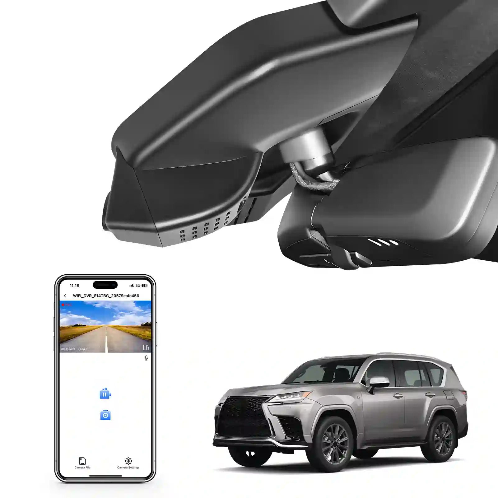 Car rearview mirror with smartphone displaying app interface and Lexus SUV in the background