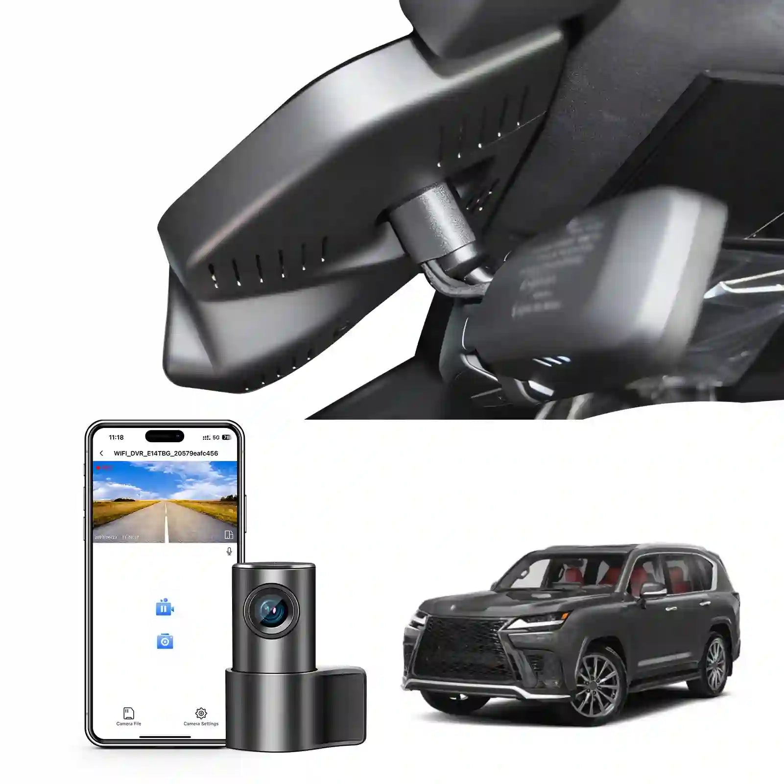 Car rearview mirror with camera, smartphone displaying camera feed, and Lexus SUV in the background