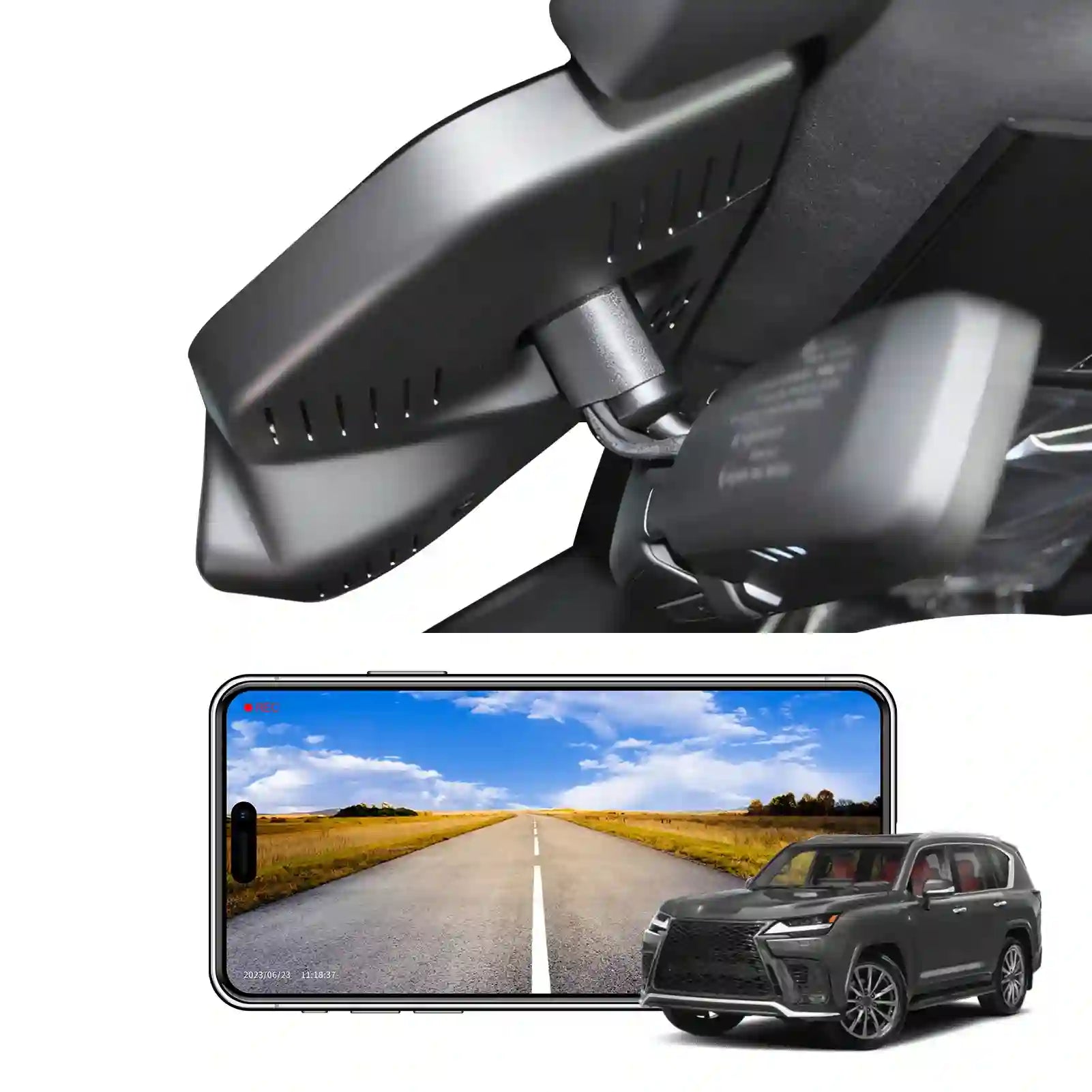 Car rearview mirror with a smartphone displaying a scenic road and a car below.