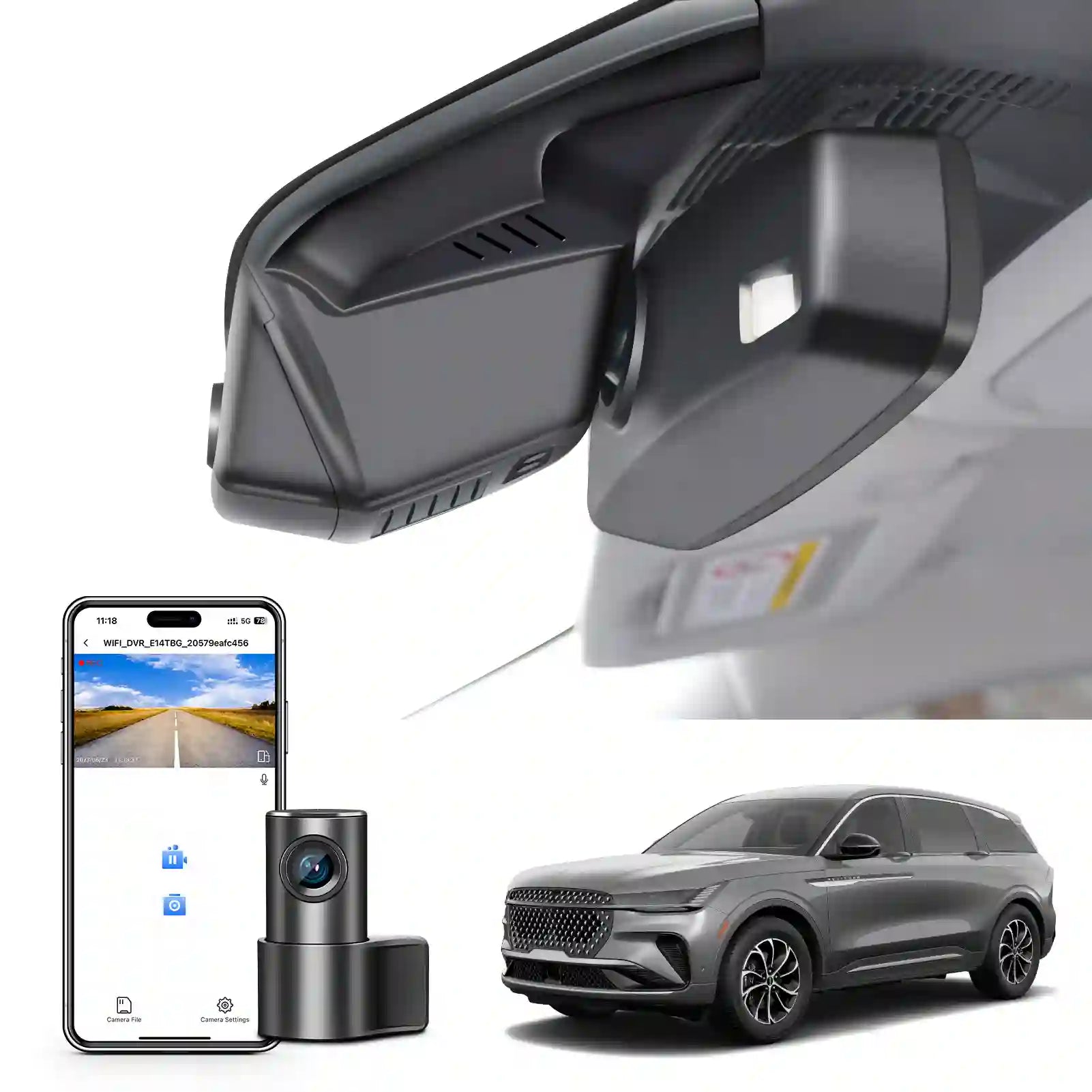 Car camera system with smartphone app and vehicle on a white background