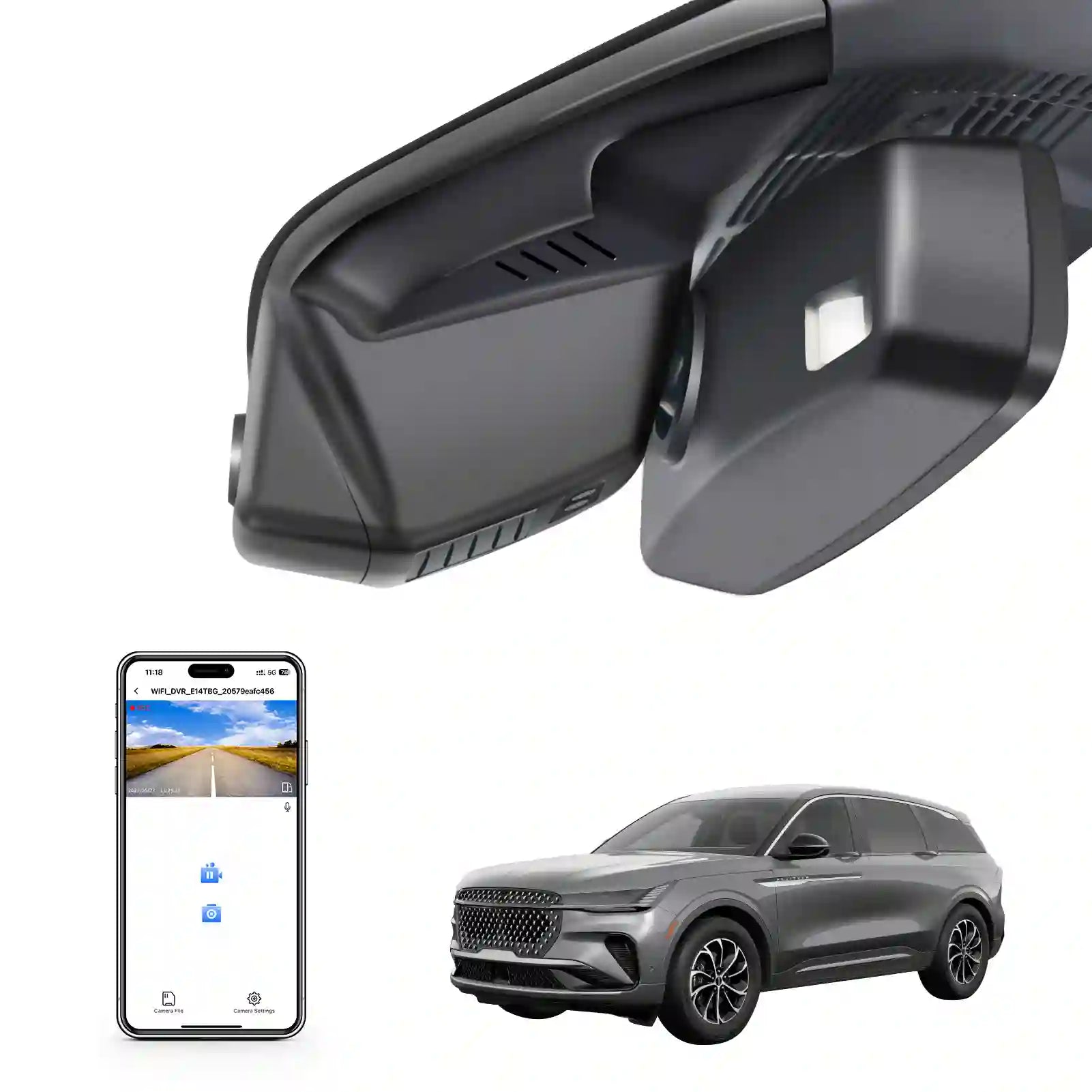 Car rearview mirror with smartphone app and vehicle display on a white background