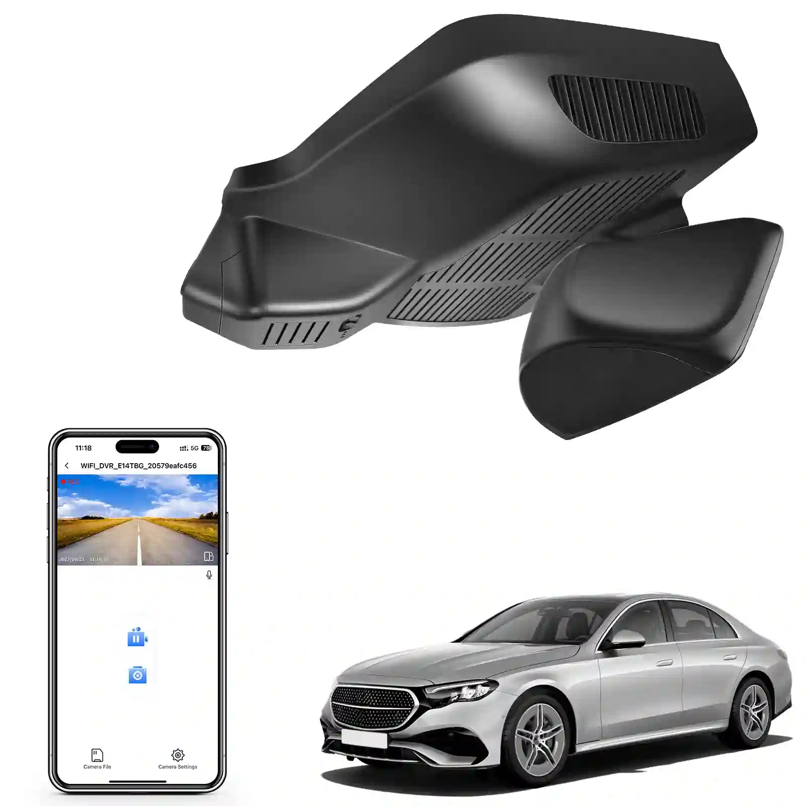 Car dashboard camera, smartphone with app interface, and car mercedes gen-6 dash camera one channel dash camera by mangoal tech dash camera