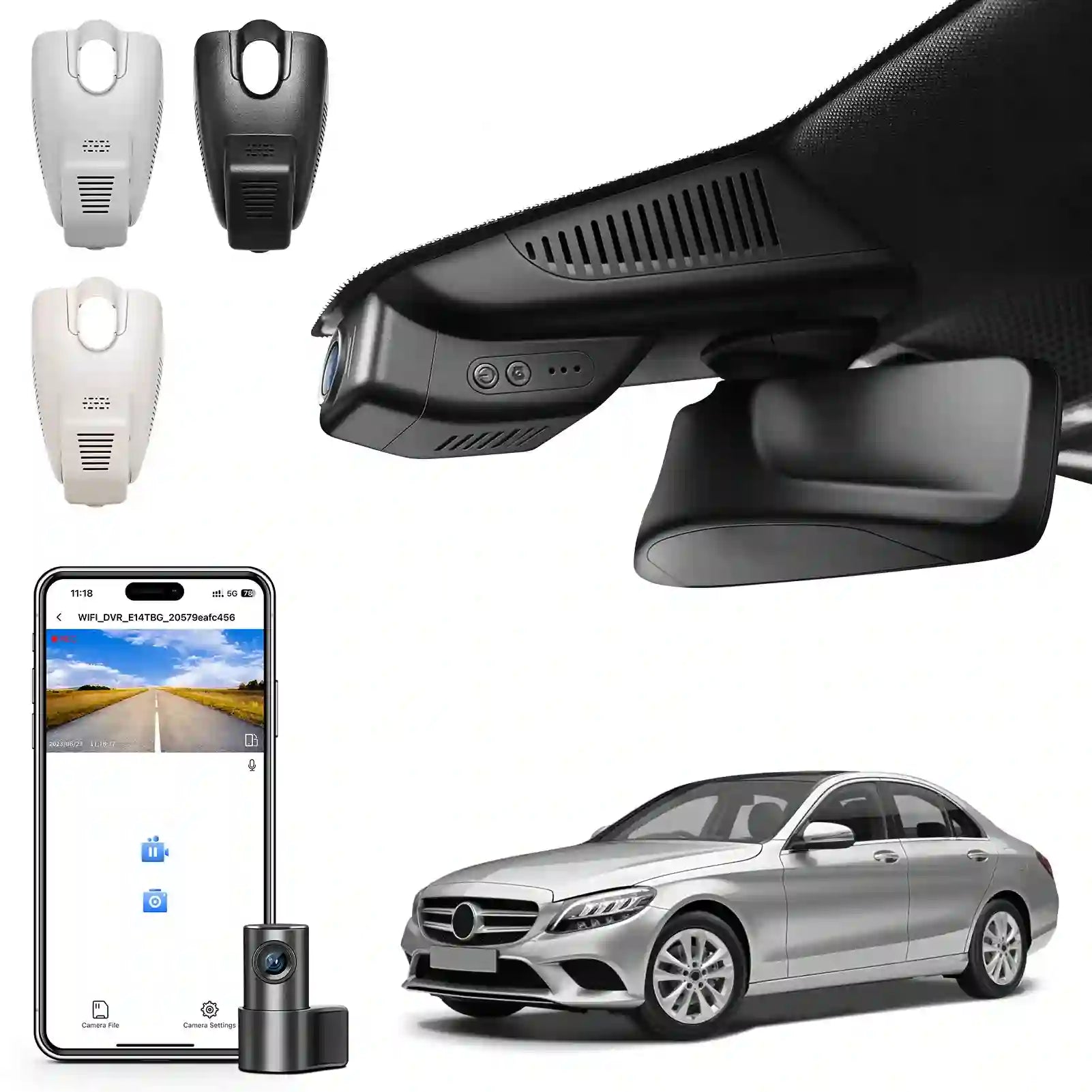Car dashboard camera, smartphone app, and car on a white background
