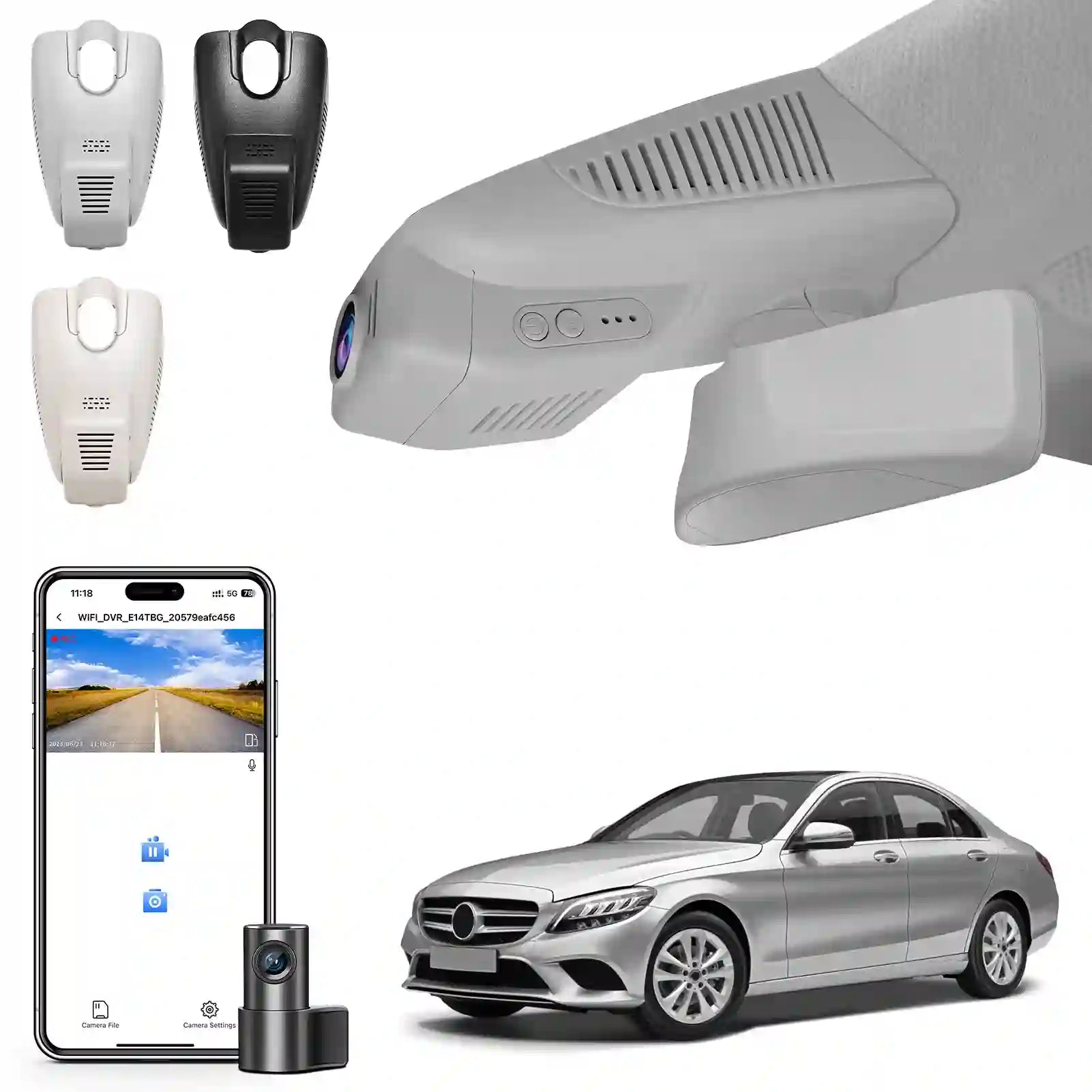 Car camera system with smartphone app and car on a white background